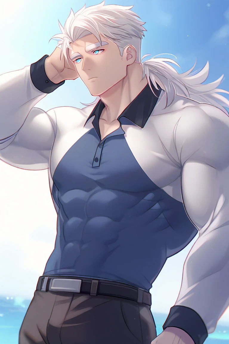 man with strong physique. It has a halo on its head. her hair is white and long. the eyes are yellow. He is wearing a tight-fitting dark sleeveless t-shirt, and he wears white leggings, and martial arts style shoes.