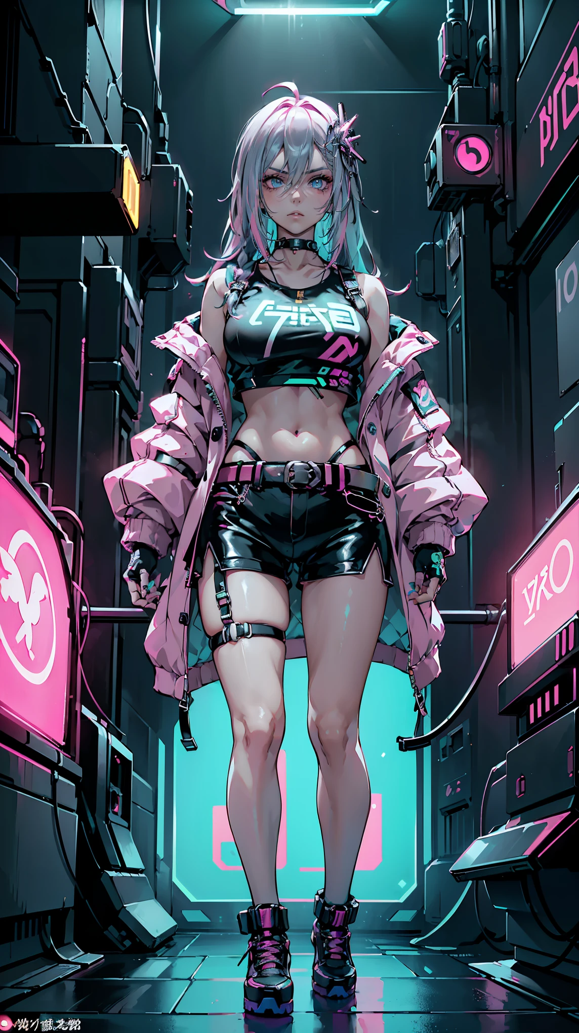 This image features a cyberpunk-style female character (cyberpunk aesthetic) in a futuristic, neon-lit urban environment (vibrant rainbow neon lighting), (she has striking two-toned hair), ((half blue and half pink bold hair color contrast)), (rainbow hair). with loose strands framing her face, her eyes are bright, glowing cyan (intense glowing eyes), enhancing her digital, futuristic appearance, she wears a cropped, white graphic t-shirt with black and pink text (stylish futuristic fashion), revealing her midriff and a pierced belly button (edgy look), over her shirt, she wears a green, and yellow oversized jacket with a futuristic aesthetic (layered cyberpunk streetwear), her black, high-waisted shorts are glossy and feature multiple belts, buckles, and metallic accents (tactical yet stylish outfit), she accessorizes with a choker, multiple necklaces, fingerless gloves, and thigh straps with utility-style attachments (detailed accessories for added depth), her expression is neutral and slightly serious, with an intense gaze directed forward (mysterious and confident demeanor), she is positioned in front of a neon cyberpunk cityscape, with glowing pink, blue, and yellow signs and futuristic arcade-like machines (immersive futuristic background), the lighting in the image is vibrant, with reflections on her outfit and surroundings creating a high-tech atmosphere (dynamic lighting effects), (((neon))), (((glitching character's color))), (((retro neon art))),(80's aesthetic:1.1), a close up portrait, (((retro neon art))),(80's aesthetic:1.1),((neons:0.8)). 2D, ((neon lighting)), ((glowing neon hair)), ((neon glowing jacket))