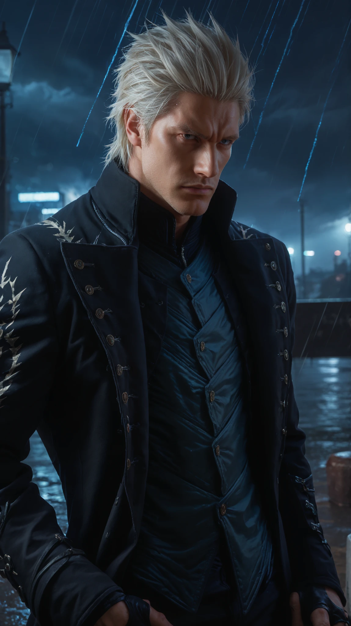 score_9, score_8_up, score_7_up, source_anime, solo, male focus, 1boy, dmc5vergil, expressionless, looking at viewer, standing, black coat, fingerless gloves, pants , night , storm at background 