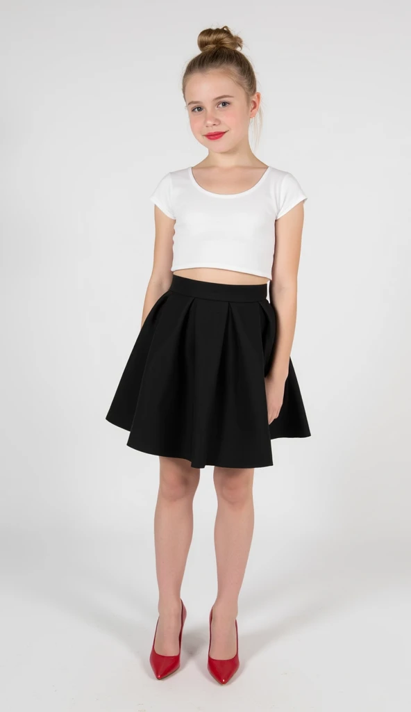 Photo of a beautiful girl, Team Rocket wears, Team-Raketenuniform,white skirt, roter Buchstabe M ,bauchfreies Top ,black stockings, schwarze Ellbogenhandschuhe, Halsband, Schlafzimmer, unordentliches mittleres Haar, Slim body, Ansicht von hinten, Recording of the upper body, schaut in die Kamera, sweet smile, shallow depth of field