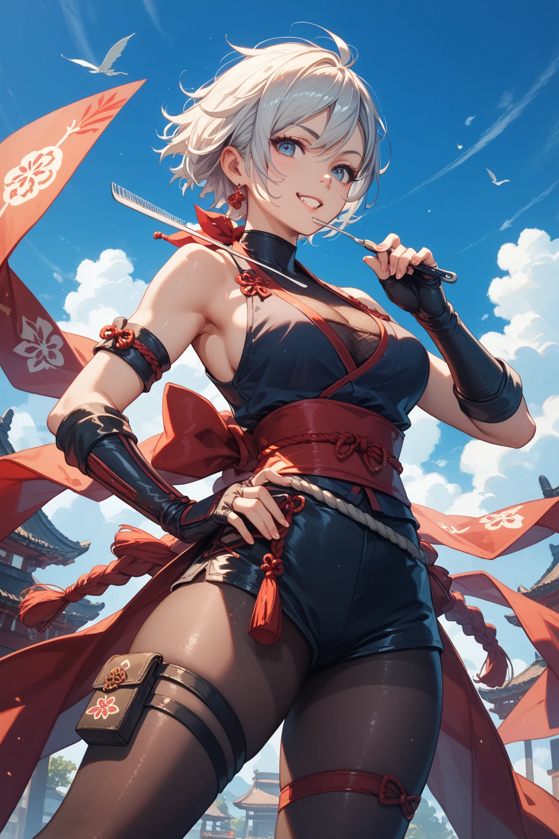 1girl, (solo:1.2), ((masterpiece)), [slim], (small chest), pale skin, ((detailed eyes)), (bokeh effect), (white hair), flame effect, (frown), annoyed, black and red dress, shoes, standing, (upper body), profile, (bright red eyes), evil, villain theme, dark theme