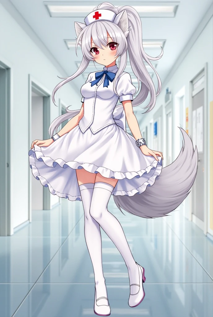 Anime style, Full body, ((Illya_von_Einzbern) from (Fate_Prisma_Illya)), Young woman, หน้าตาcute, white hair, Dark Red Eyes, for high ponytail, blue bow tie, hip length ponytail, Silver wolf ear, cute, Alluring , White nurse hat, Silver wolf tail, Soft looking tail, fluffy hugging, curve shape Yes, the hourglass proportions,  nurse's dress,  White Stockings, สายรัด White Stockings, white high heels, white rubber gloves, Infirmary Background