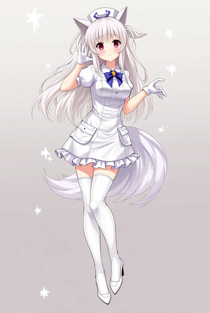 Anime style, Full body, ((Illya_von_Einzbern) from (Fate_Prisma_Illya)), Young woman, หน้าตาcute, white hair, Dark Red Eyes, for high ponytail, blue bow tie, hip length ponytail, Silver wolf ear, cute, Alluring , White nurse hat, Silver wolf tail, Soft looking tail, fluffy hugging, curve shape Yes, the hourglass proportions,  nurse's dress,  White Stockings, สายรัด White Stockings, white high heels, white rubber gloves, Infirmary Background