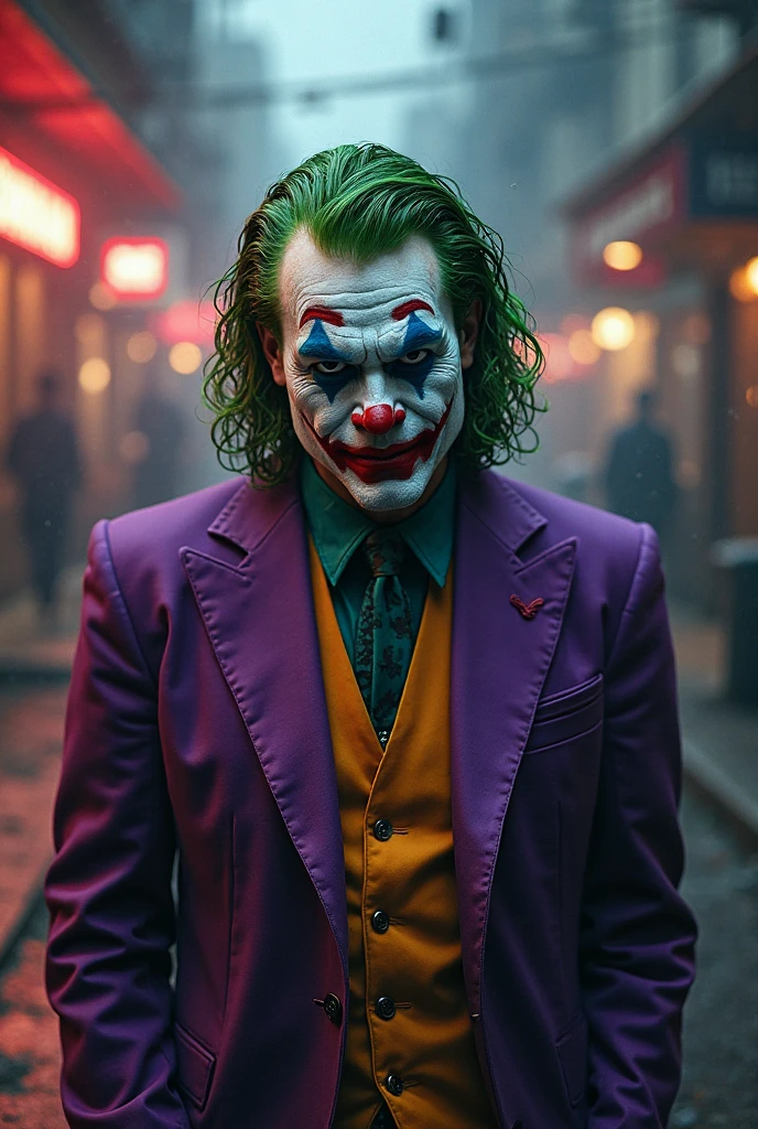 The Joker, appearing lonely and depressed after the death of Batman. He is sitting in the middle of Bourbon Street. It’s the first night of Mardi Gras and parade goers pass him with curious expressions.