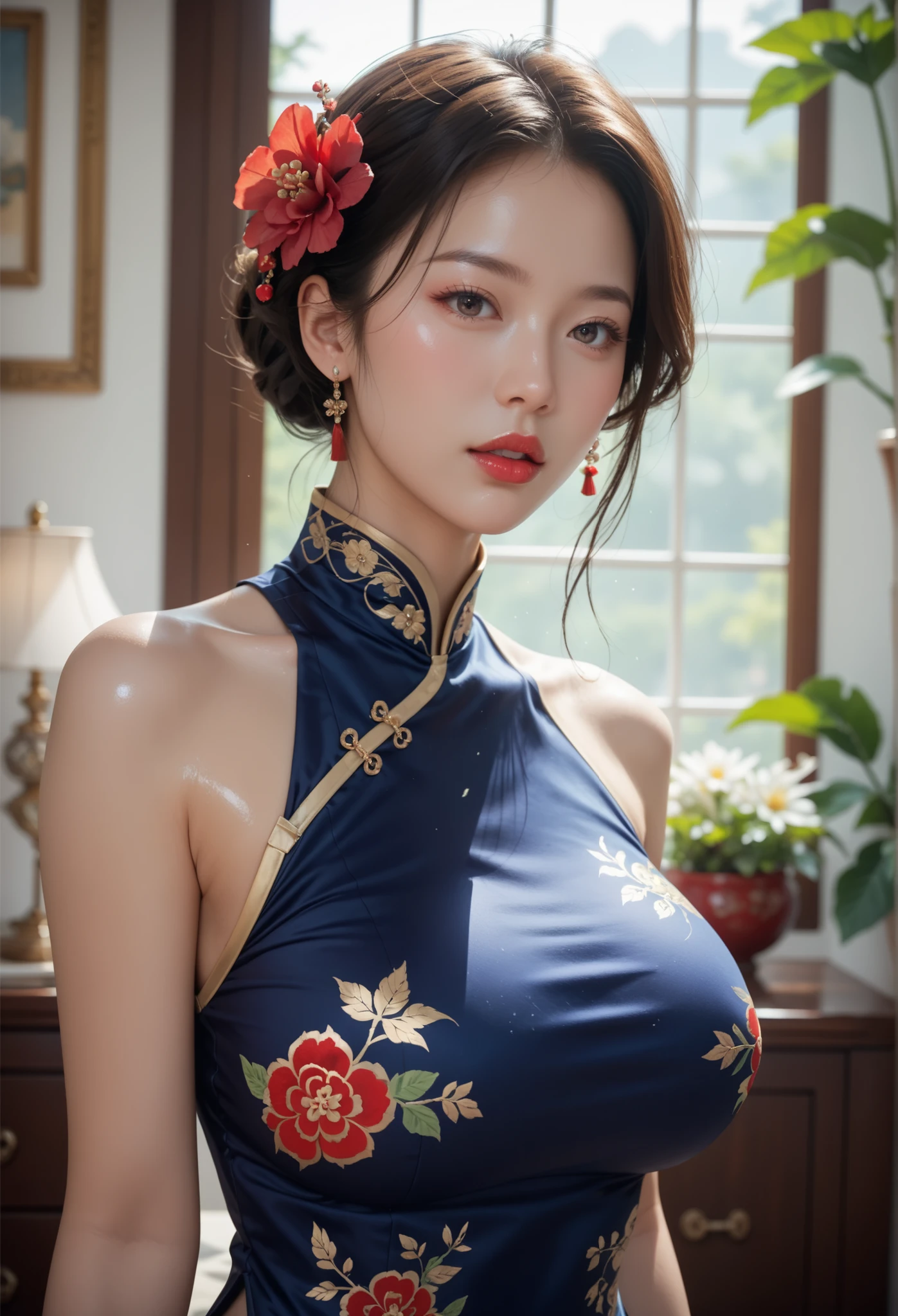 finest image, (8k, RAW photo, realistic), neat and beautiful Japanese woman, iridescent light brown straight hair, blue shining big eyes, long eyelashes, double eyelids, half open crimson alluring moist big thick lips, large breasts, side boobs, under boobs, abs, slender, perfect proportion, full body, black ao dai with golden embroidery, blurry background red