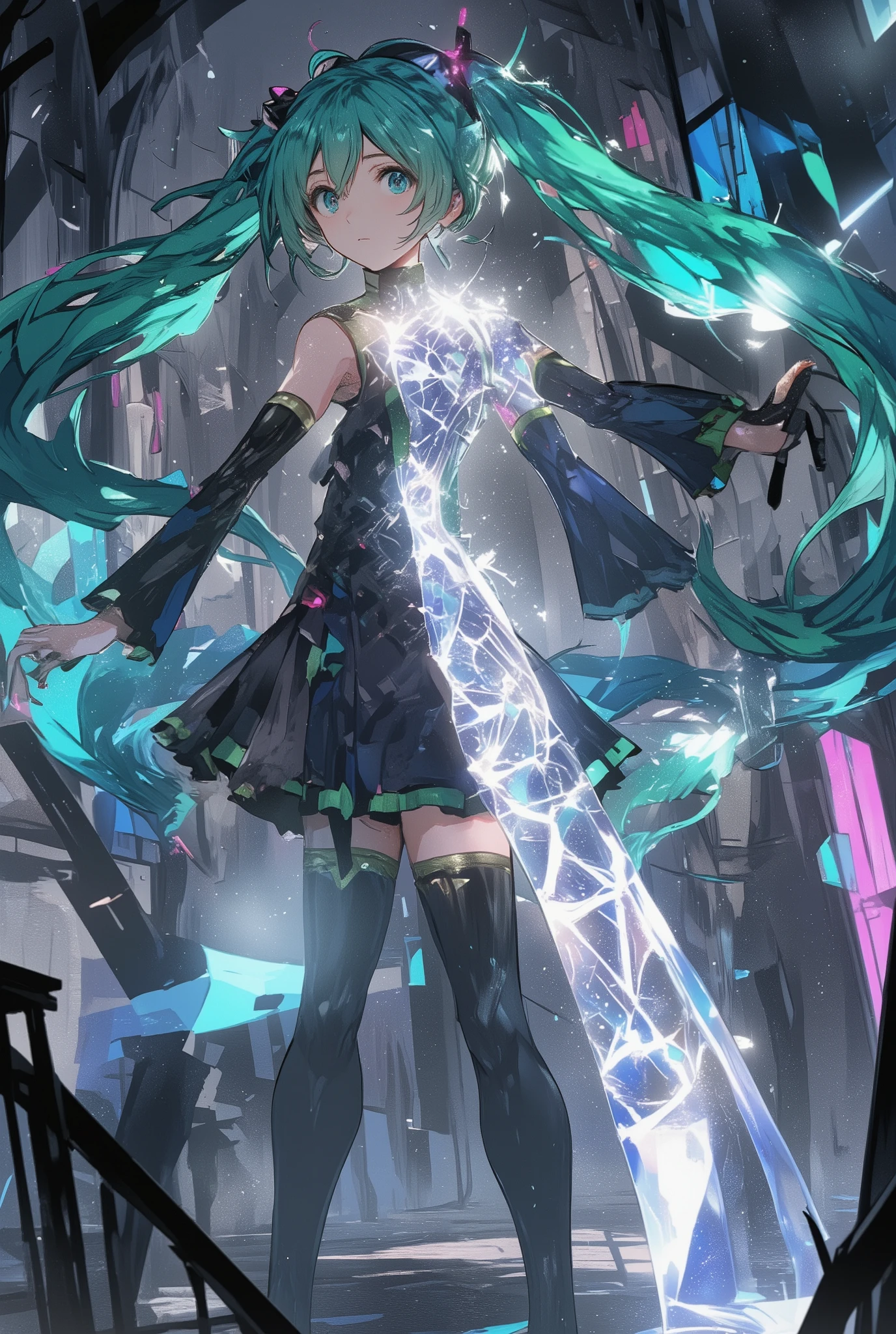 ( masterpiece、 best quality、 best quality、Official Art、 beautiful beautiful :1.2) Hatsune Miku、light green twin tail, beautiful breasts, yin and yang mix、A world divided into two、light and shadow、light and shadowが入り混じる、future and past clothes mix、Yin-Yang Mark、 (masterpiece, Super Details, futuristic fashion, 8k, Editorial Lighting), take poses where the whole body changes、cheerleader skirt , holographic outfit changes according to the body. the left side of her body remains the previous color (dark black), on the other hand、on the right、It changes to a white, transparent holographic texture and the、light and soft particles appear. holographic bodysuit、her expression seems a little surprised. the outfit looks dynamic as the fabric changes, as if programmed in real time、Style changes.