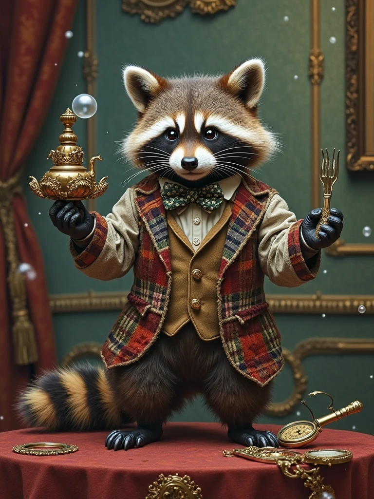 A mischievous yet professional raccoon valet in a patchwork waistcoat constructed from stolen handkerchiefs, balancing a precarious tower of stolen silverware on his striped tail while polishing a snatched pocket watch with stolen soap bubbles, his burglar mask repurposed as a neoclassical cravat, tiny black paws adjusting crooked picture frames with criminal precision, surrounded by suspiciously shiny objects embedded in the wallpaper like a treasure map, moonlit veranda revealing his secret second job as a firefly collector