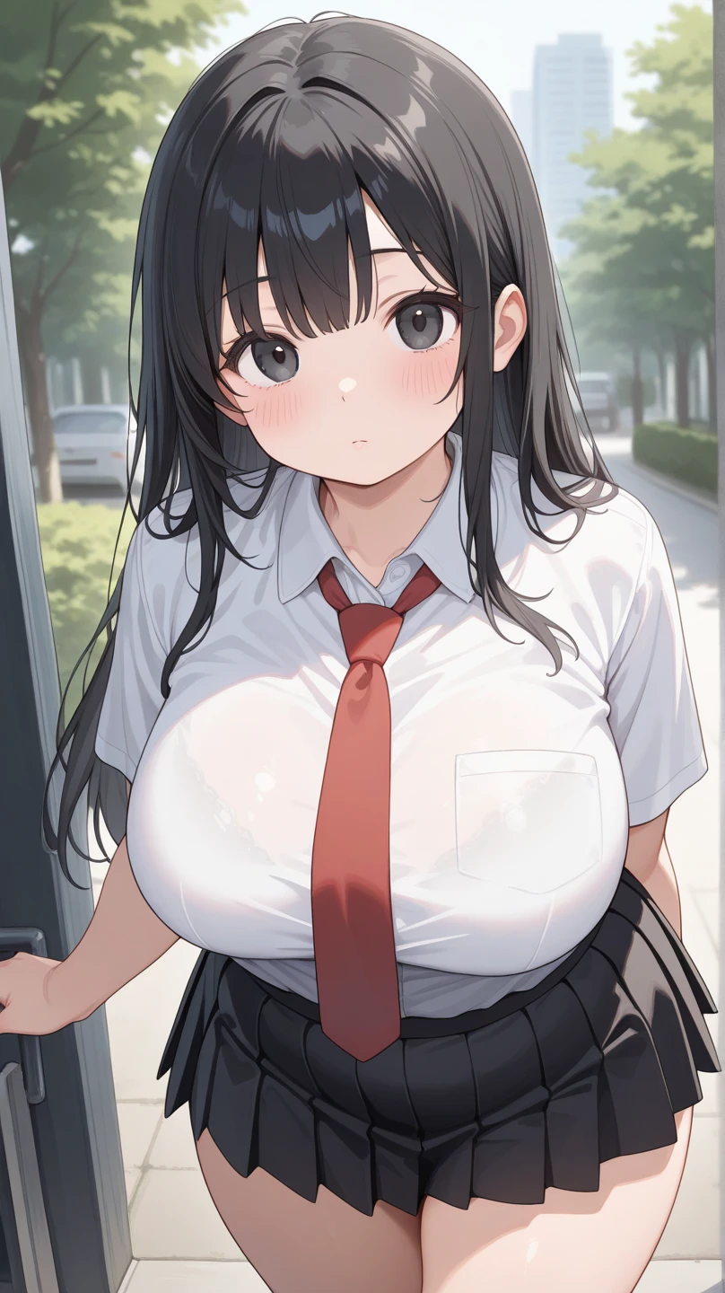 masterpiece,highest quality,(Super detailed),written boundary depth,perfect sentence, Detailed CG,Super detailed,(highly detailed eyes,very cute face,highly detailed face:1.3),beautiful anime girl,(solo girl:1.9),(super huge breasts:1.9),(black hair,short hair,2 sides up:1.7),(big yellow eyes:1.5),(low length),jitome,(smile full of joy),open your mouth,break,(university uniform,white collared shirt),red tie,micro mini skirt,black pleated skirt,school rooftop,Residential area visible in the distance,blue sky,White cloud,cowboy shot,angle from below