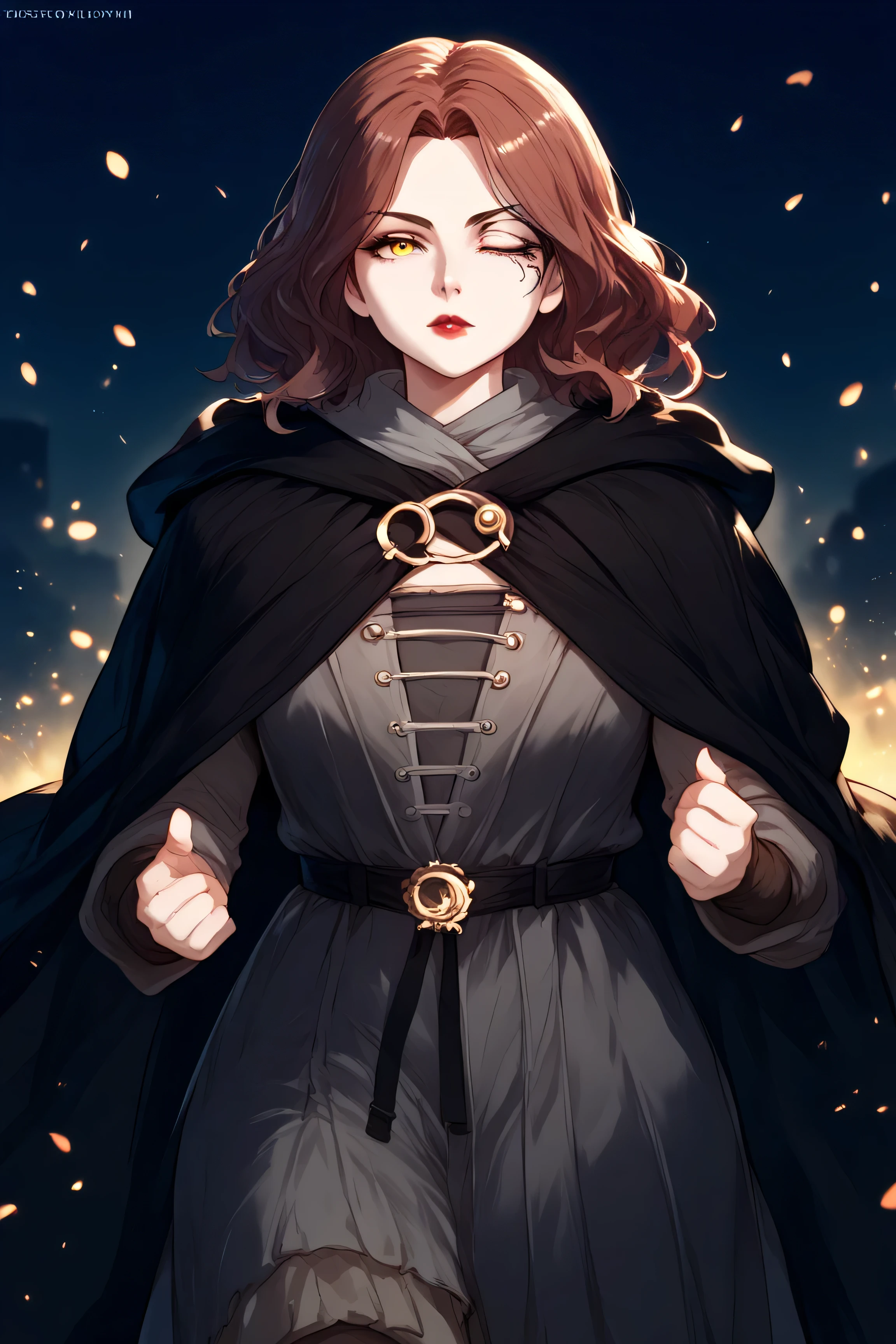 Female, gray skin, anime style, thick eyelashes, red lips, scar across eye, facial tattoo, one eye closed, yellow eyes, brown hair, medium hair, black cloak, hooded cloak, hood down, grey dress, cape