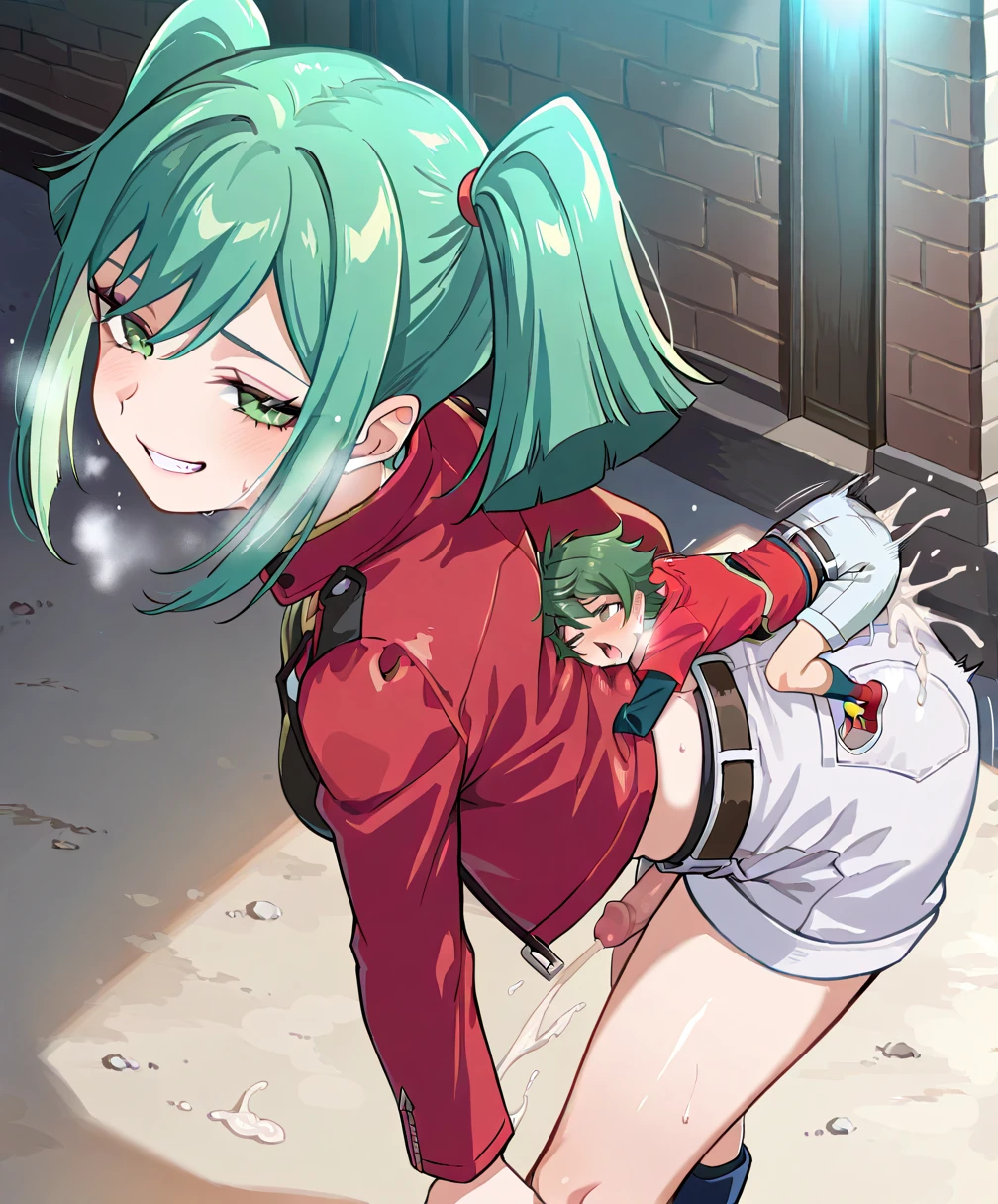 score_9, score_8_up, score_7_up, rating_explicit, masterpiece, best quality,very aesthetic, absurdres, high detailed,optimal lightning,8k wallpaper, source_anime, uncensored,official art, official style, megami magazine,1girl, Noel Seeker, red hair, blue eyes, small breasts, green headwear, green jacket, grey undershirt, red necktie, red shorts, black thighhighs, brown gloves, brown boots,,kissing penis,handjob,,looking away,unamused,disappointed,confused,embarrassed,viewfinder