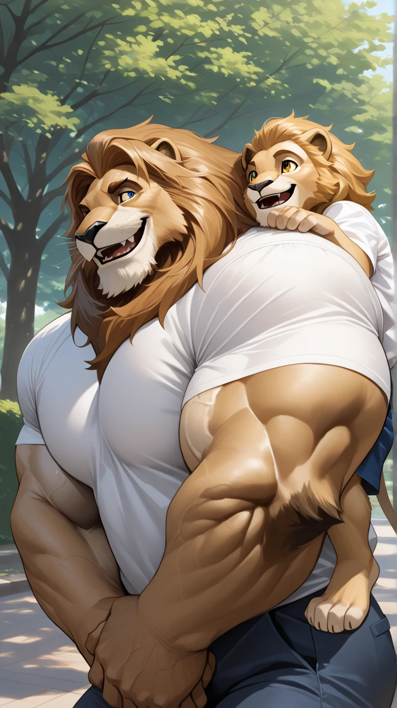 A female lion, long brown curvy hair, blue eyes, busty, wearing a long black sleeveless dress, long tail. Hugging and kissing her male lion husband, brown hairy mane, muscular, naked, round butt, tail, hd 8k