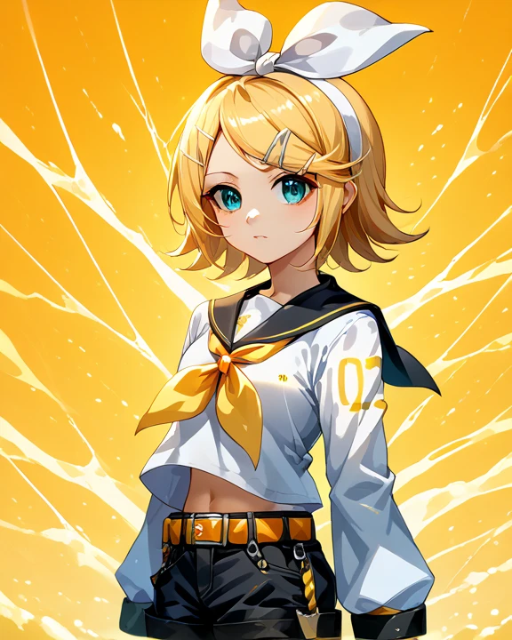 Highest quality ,masterpiece, One girl, Kagamine Rin , Hair Ribbon, bow, White shirt, Sailor collar, No shorts allowed, No pants, Without skirt,
Fine and shiny eyes, Flat Chest, High resolution, wallpaper, 8K, Best lighting, Highly detailed illustrations
blush, Embarrassing, smile, Open your mouth
((Realistic striped yellow panties)), Crotch seam, ((Panty shot)),
White Background , Browsing Caution, ,
Dynamic pose, Dynamic Angle