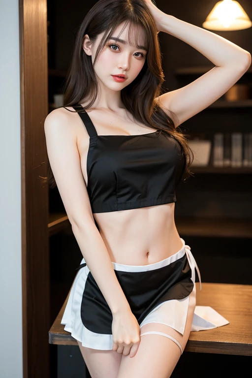 24-year-old woman、Hair color is black、Eye color is dark brown、Longhaire、Straight hair、Slender but well-proportioned muscular man、a smile、My abs are cracked、I can see the belly button、I'm wearing a necklace、accessories on wrist、naked with only an apron on、a smile、wearing a lace choker、