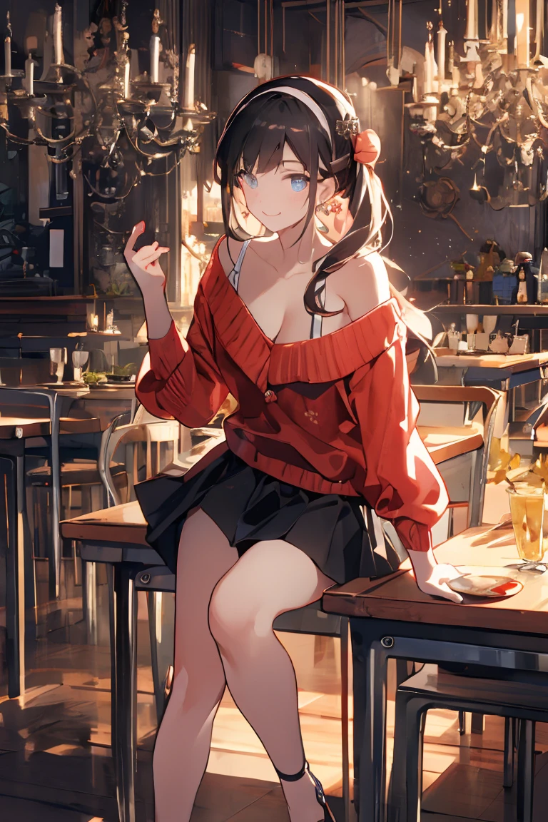 (((Masterpiece))),(((Super Detail))),(((in 8K))),(((best composition))),(((Rim lighting,Fireglow effect,deep shadow))),solo),Beautiful fingers,Detailed finger features,(Detailed hair features:1.7),(Dynamic and sexy bending pose:1.3),detailed facial features,detailed clothes features, (perky chest:1.1), (pointed chest:1.3), delicate beautiful face, Bright blue eyes, cute eyes, sparkling eyes, Big eyes, beautiful detailed eyes,double bun with glittering hair ornament:0.6,(super detailed glossy skin:1.3),slender body,goddess smile,((with sparkling eyes and a contagious smile)),beautiful posture,have a cup of coffee,black hair, red eyes, dress, bare shoulders, jewelry, collarbone, sidelocks, hairband, earrings, indoors, off shoulder, sweater, arms behind back, plant, short hair with long locks, white hairband, off-shoulder dress, sweater dress, off-shoulder sweater, red sweater, big side hair, very long side hair,(super delicate floral pattern:1.2),seductive cleavage:1.3,beautiful glossy legs,shiny red high heels,lifting dishes with cakesd,french restaurant,hustle and bustle,rising steam,(((depth of fields)))
