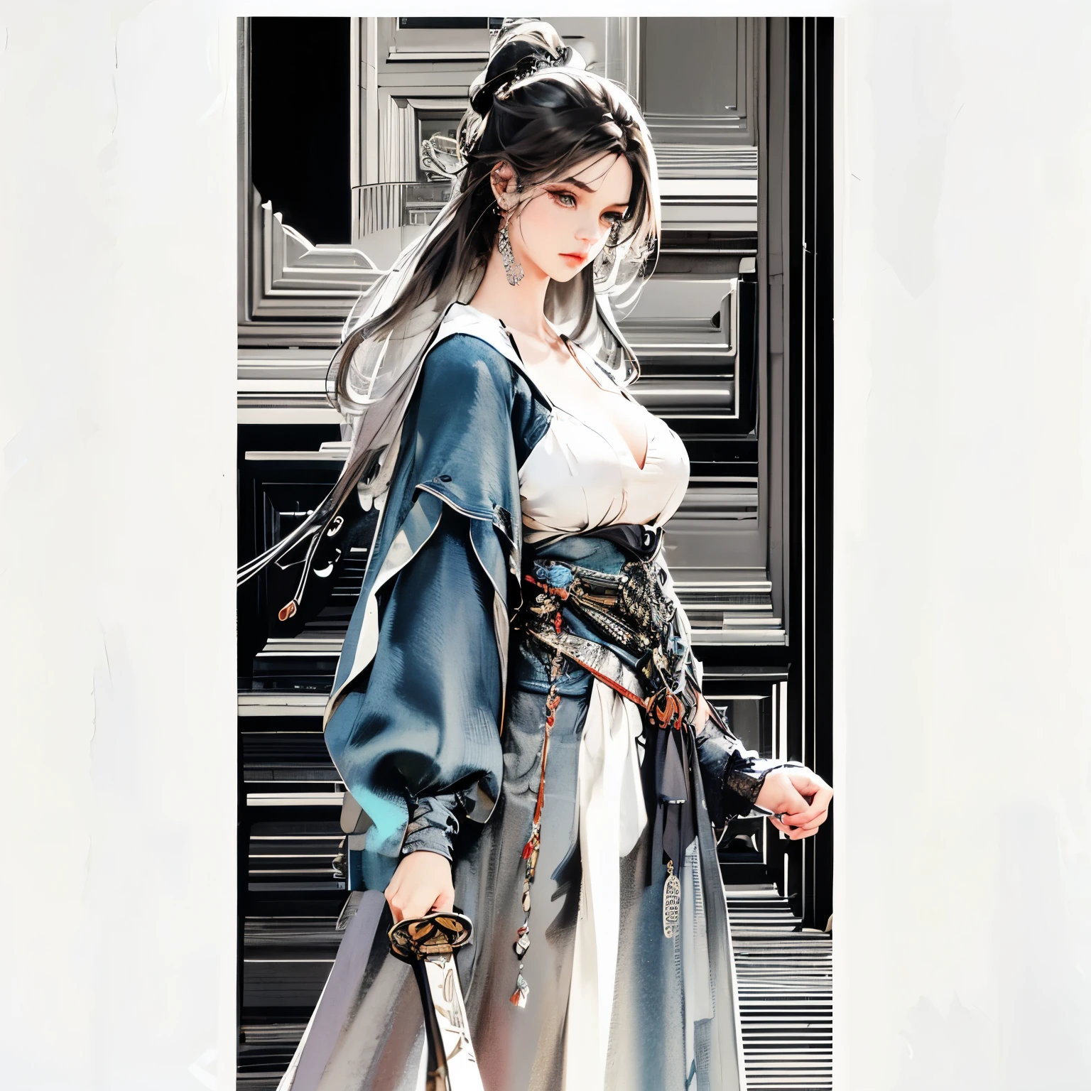 masterpiece,best quality,1girl, black hair, bare shoulders, long hair, dress,cowboy shot, dynamic pose, dynamic angle, <lora:jiangli:0.8>
