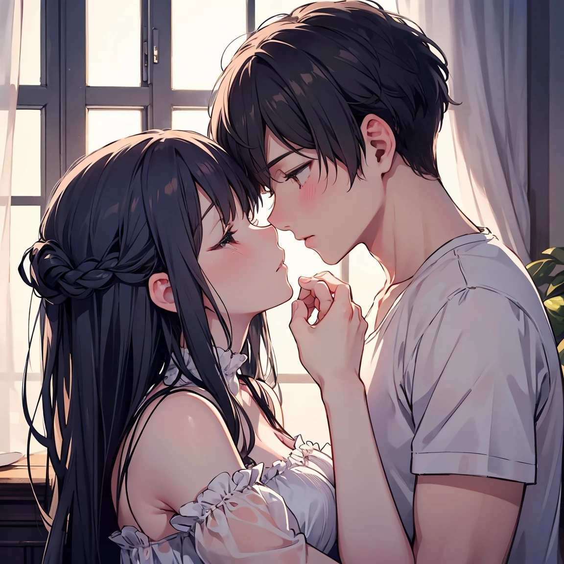On a warm summer day, a couple gazes at the night sky from the window of their quaint cottage. Above them, the stars twinkle like diamonds against the inky backdrop, casting a soft glow over the lovers' faces. The scene is captured in a stunning painting, where the amorous pair's silhouettes are illuminated by the moonlight filtering through the sheer curtains. The artist has expertly portrayed the tranquil scene with exquisite detail, capturing the delicate interplay of light and shadow to evoke a sense of romance and serenity. This image is a masterpiece, a visual symphony of love and nature that transports the viewer to a world of beauty and tranquility.