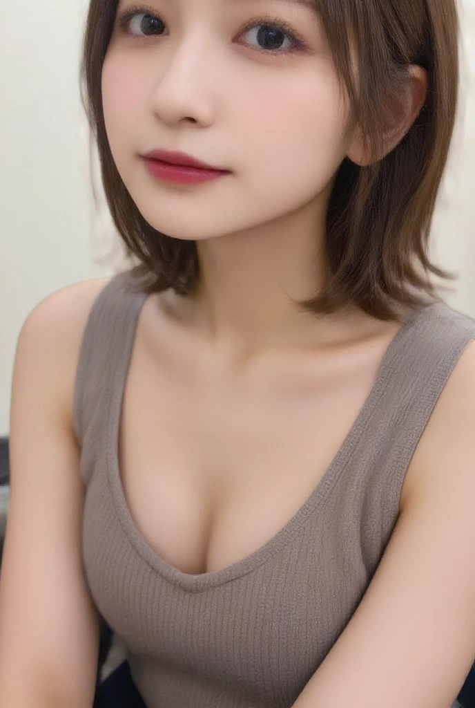 Beautiful and fair、Glowing Skin, 3 Up, nice, bright, Refreshing and gentle look, Perfect beautiful face、Beautiful shiny bangs, Very beautiful 17 year old girl, eyeliner, Very perfect eyes，Very large breasts，The original skin is visible through the grooveuscular body，Light Khaki Yoga Wear，Upper Body，Silver glasses