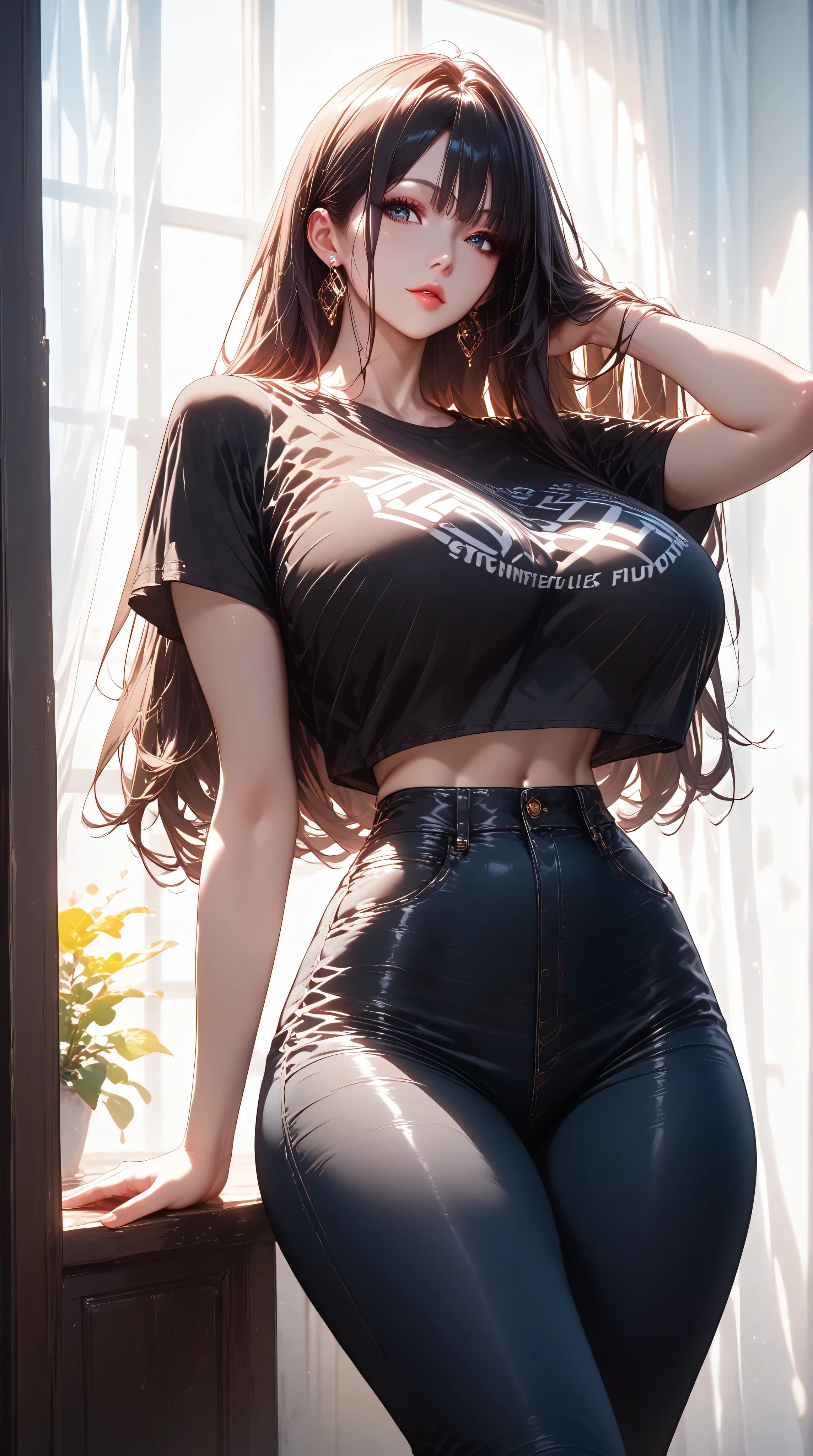 masterpiece, best quality, Official Art, Model Table, concept art, Large aperture, Blurred background,(Perfect female body:1.2),(Dark theme:1.3),(Natural skin texture, High clarity) , 1 Girl, Solitary, whole body, long hair, skirt, Black Hair, permanent, Pantyhose, pencil skirt, High High heel,pencil_skirt,High_High heel,handbag ,G008,,, G009,Huge breasts:1.4 Huge breasts:1.4，Full, straight breasts，Showing cleavage，?????? protrusion，Belly button