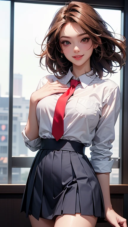 Young girl in white tight blouse (top button open, sexy bra visible), blue pleated mini skirt with red trim, sexy slip, standing in front of her desk in front of the blackboard