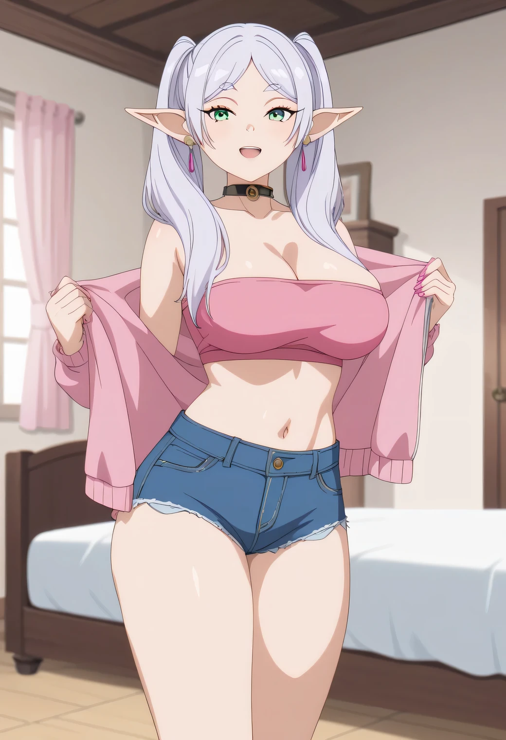 realistic image, coherent image, detailed image, 1 beautiful elf, She has silver hair with black tips, long hair, with braids, silver eyes, her face is oval and delicate, Blushing, smiling, She is wearing a bikini with denim mini shorts, She has a curvy body, small breasts, thick thighs, view of the thighs, with legs together, snowflakes,