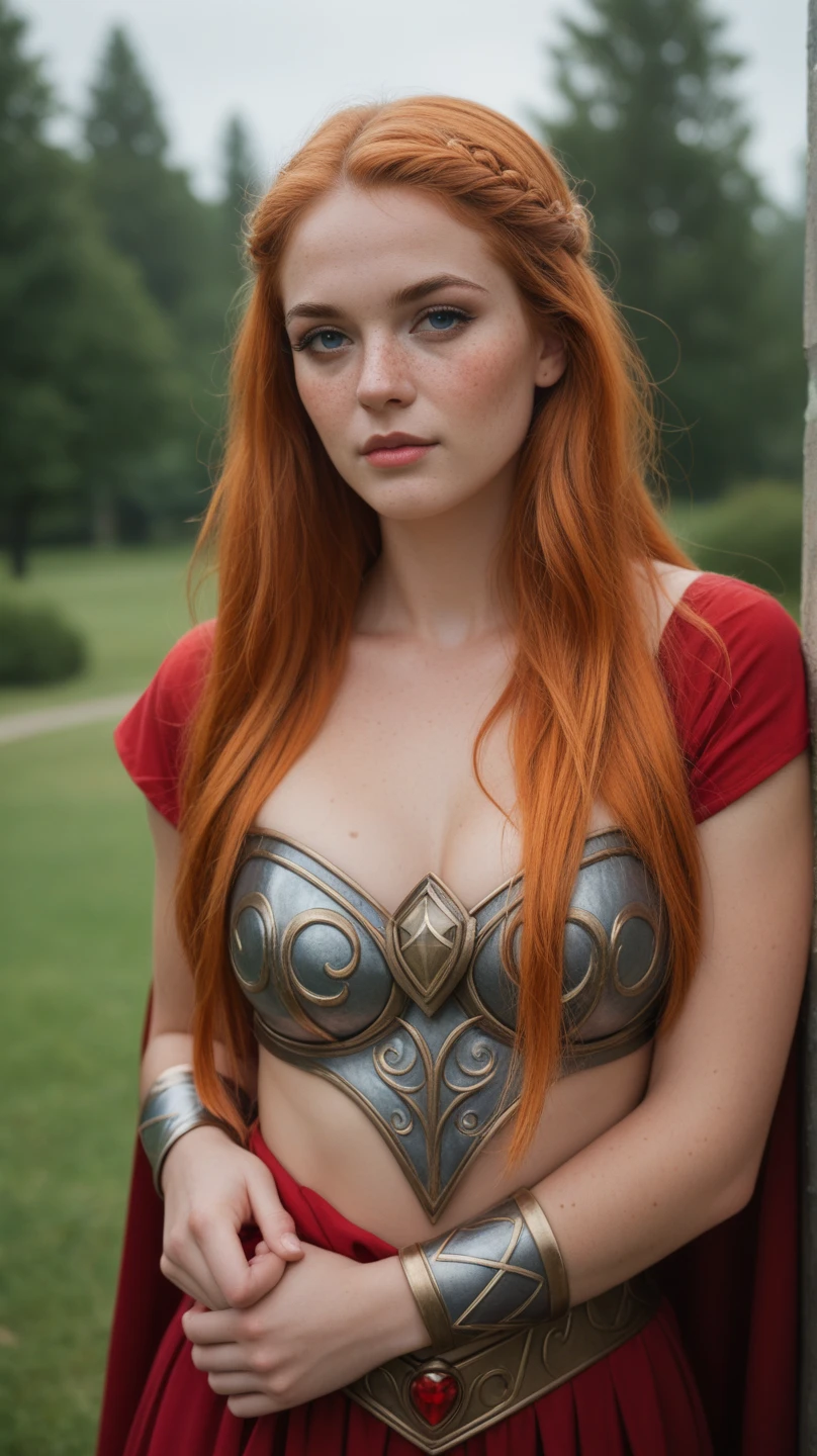 ((high resolution)), ((pale skin)), freckled, redhead ((13 year old)) girl, ((tiny breasts)), thin body, long wavy hair, as a fantasy warrior, sexy armor