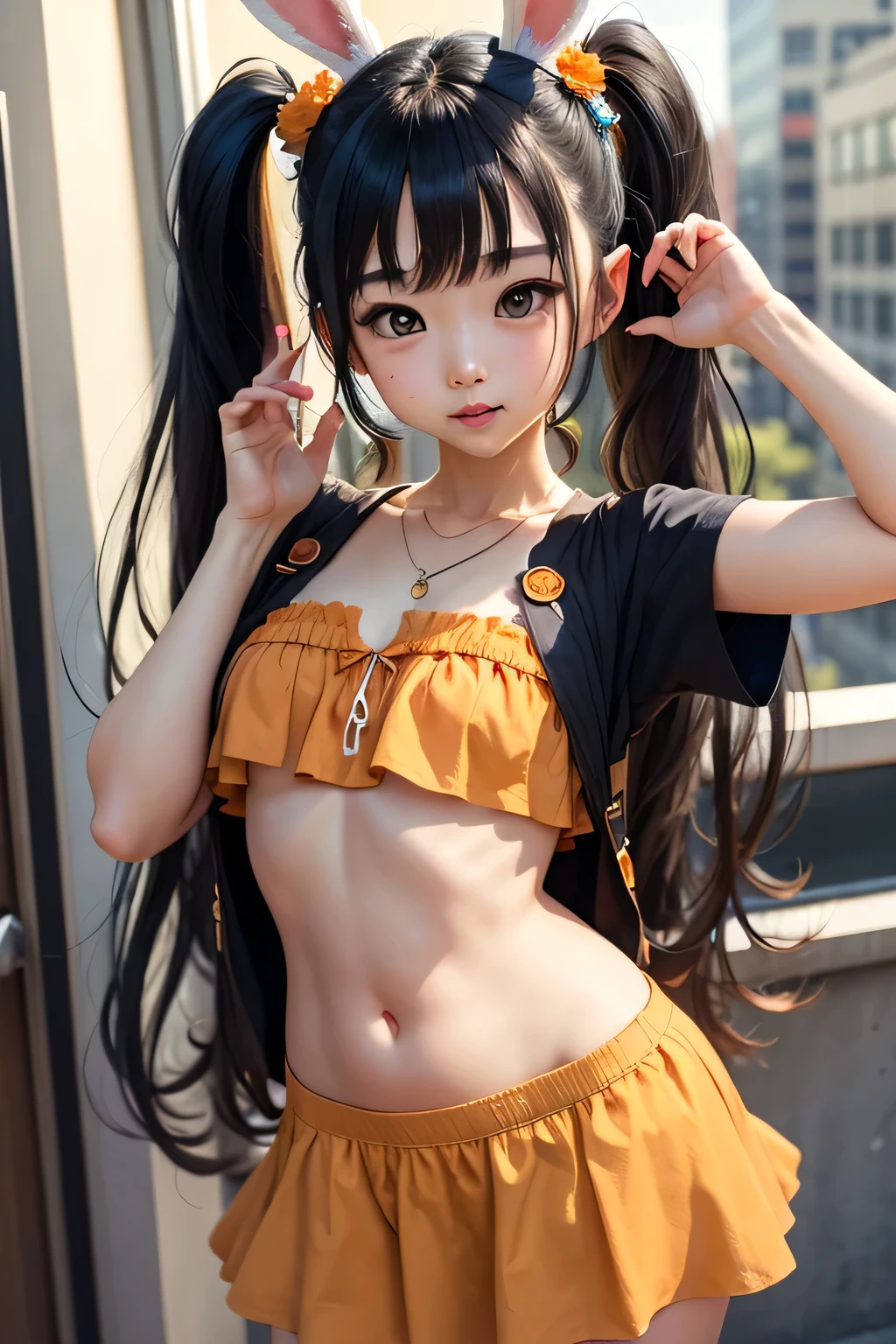 (original: 1.2), (far shot), (realistic: 1.3) (mixed Korean), masterpiece, best quality, beautiful clean face, fullbody, 1girl, teenager, wearing orange techwear jacket and orange trousers with buckle and tape, (crystal necklace), posing for a picture, (red braided bun), long legs, big happy warm smile, carrying a white backpack, on the street <lora:weight_slider_v2:-1><lora:microbikiniv1:0.6> (orange mini bikini:1.4),  <lora:Character-Nagi:0.5> nemoto nagi,