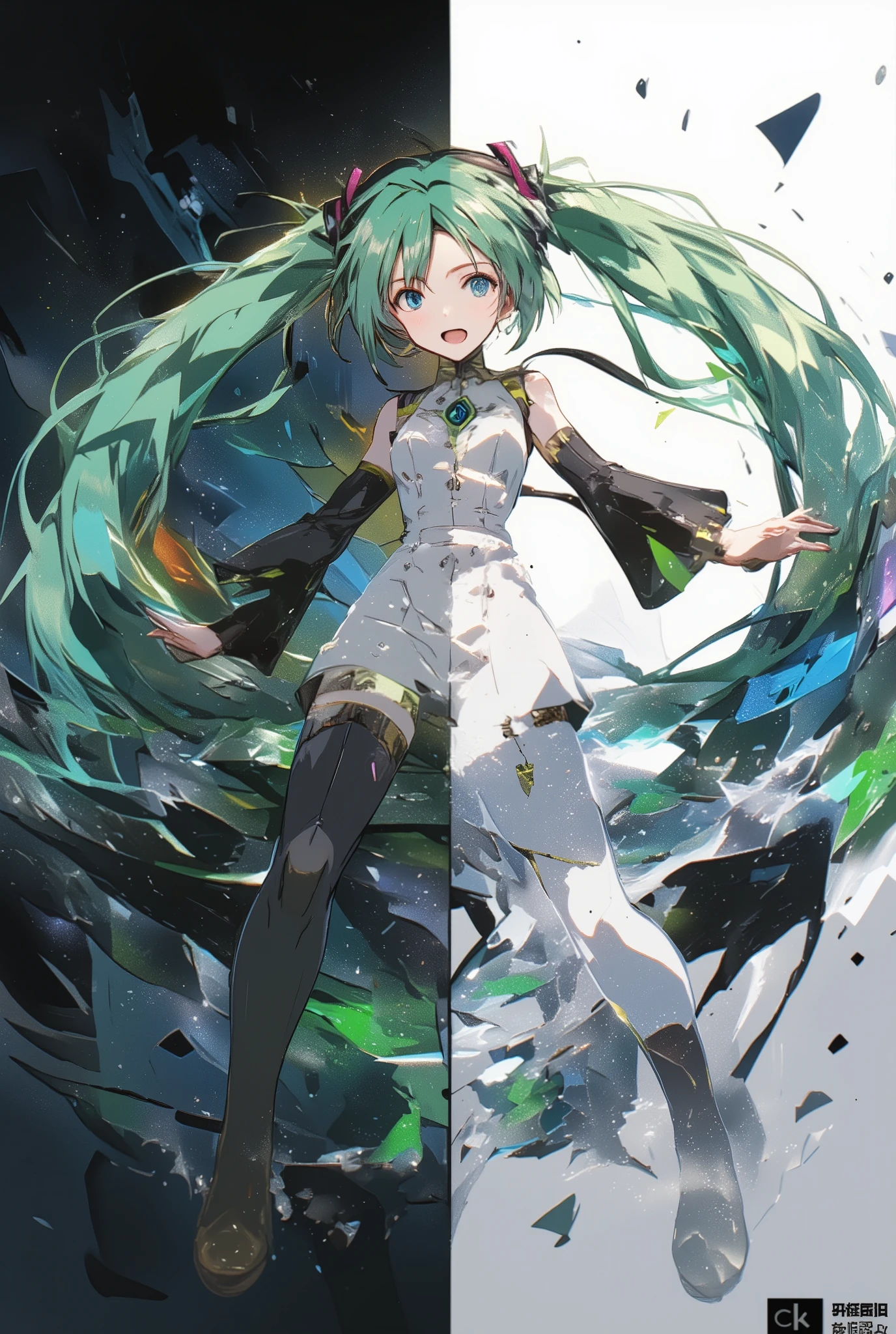 ( masterpiece、 best quality、 best quality、Official Art、 beautiful beautiful :1.2) Hatsune Miku、light green twin tail, beautiful breasts, yin and yang mix、A world divided into two、light and shadow、light and shadowが入り混じる、future and past clothes mix、Yin-Yang Mark、 (masterpiece, Super Details, futuristic fashion, 8k, Editorial Lighting), take poses where the whole body changes、cheerleader skirt , holographic outfit changes according to the body. the left side of her body remains the previous color ( Dark 、black), on the other hand、on the right、It changed to a white holographic texture、light and soft particles appear. holographic bodysuit、her expression seems a little surprised. the outfit looks dynamic as the fabric changes, as if programmed in real time、Style changes.