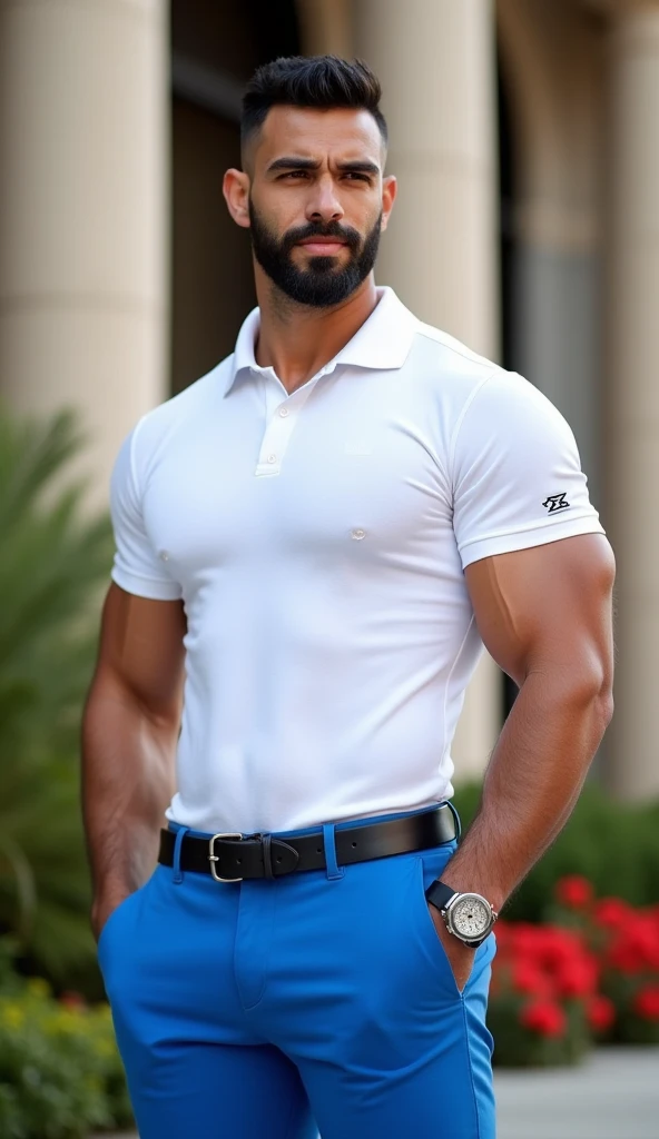Handsome dutch man, muscular , Alpha male, goatee, calvo, Casual dress white pants and lilac satin shirt., pantalón casual,gold jewelry, strong and muscular legs, big lump, large lump, Masterpiece, ultra realistic, high detail, movie poster, fondo claro , 8k, Clear, dynamic pose, crazy details, hyperrealistic, fondo claro minimalista, detallado, nitidez espectacular , brazos cruzados al pecho , manos varoniles