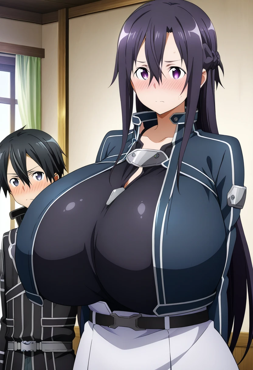 best quality, high resolution, best quality, high resolution, (huge breasts:1.2), 1girl, bodysuit, surrounded by men, groping her breasts