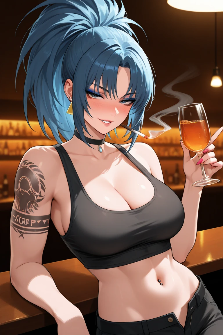 Cute sexy awkward woman with thick long messy curly blue hair with glasses with tattoo blushing with bright earrings with thick thighs and big chest in sexy position taking off sexy black bikini in tight jeans in a bar at night with dropped jaw with butt out winking acting shy and embarrassed blushing uncontrollably