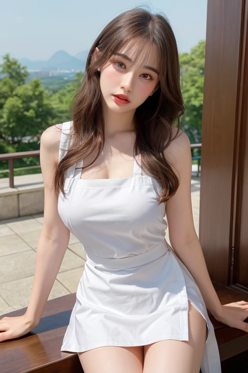 top-quality、Top image quality、masterpiece、fully body photo、25 years old women, Dark brown wavy middle hair、bangss、((White apron with frills))、 (no-bra、Puffy nipple、Visible)、Blue Panties、soft boob、Large breasts、Bare legged、 cute smile face、衣服湿透、on a couch、((I can see all my panties、open one's legs、Open knees、Rub your chest with both hands、Touching the crotch))、((Lying on the sofa))