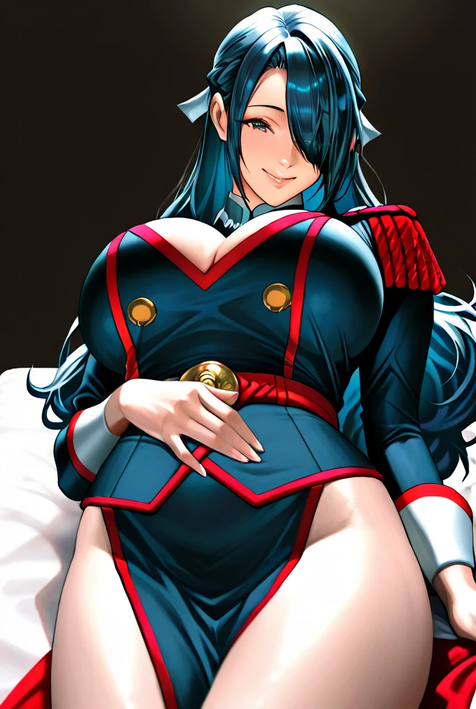 NSFW, masterpiece, (best quality: 1.2), long hair, blue eyes, green hair, worns, big breasts, evil_smile, sexy, ((NURSE)), red lipstick, fishnet stocking,, ((boy groping woman's big breasts from behind)), 1boy