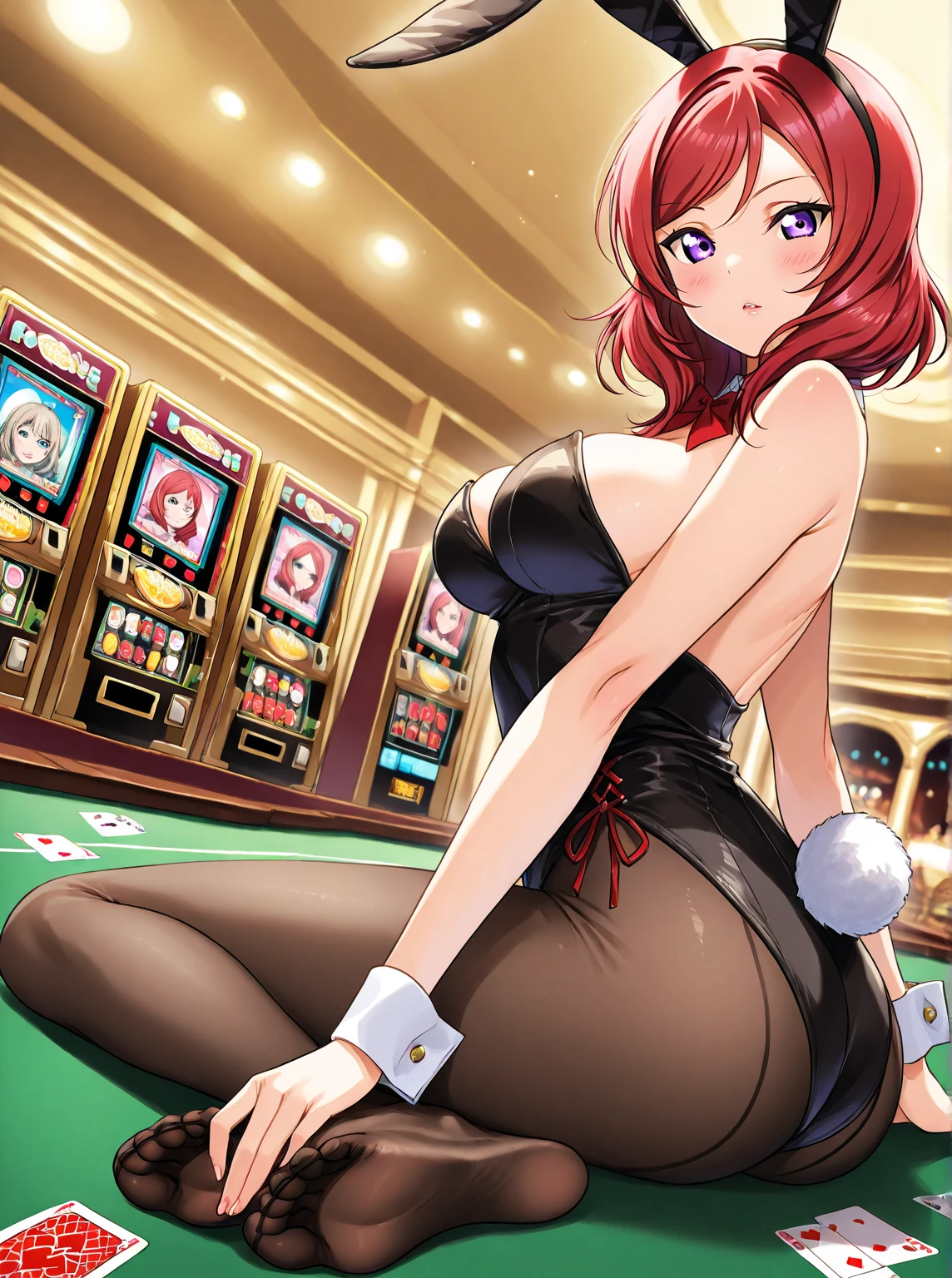 leona, orange hair, light brown eyes, seductive, alluring attire, ample bosom, tight-fitting outfit, close-up shot, fluffy breasts, ((huge breasts)), (breasts out), (nipples), (topless), curvaceous, abs, muscular, milf, wide hips, playboy bunny, tight leotard, open shoulders, black pantyhose, at casino, sitting on top of poker table, bunny ears, battle bunny, detached collar, open mouth, happy, smile, looking at viewer, in front of viewer, spread legs, (hands up), (hands behind head), armpits