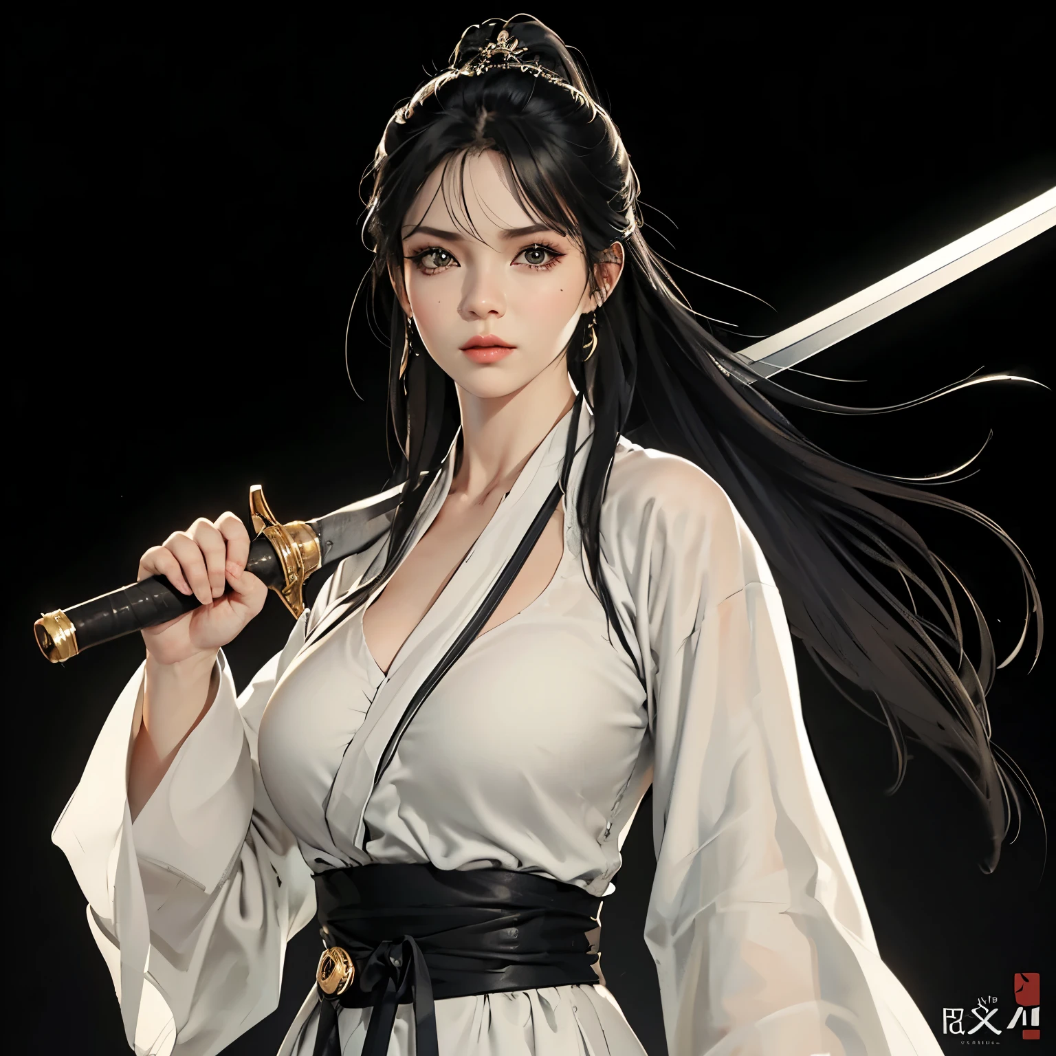 Close-up of a woman wearing a white dress and holding a sword, Portraits by Jan J., Trending on CGSociety, Fantasy art, Beautiful character drawings, artwork in the style of Gwaiz, Gwaiz, White Hanfu, Flowing white robes, Full body martial arts, Magnificent and elaborate character art, Amazing character art, beautiful female assassin