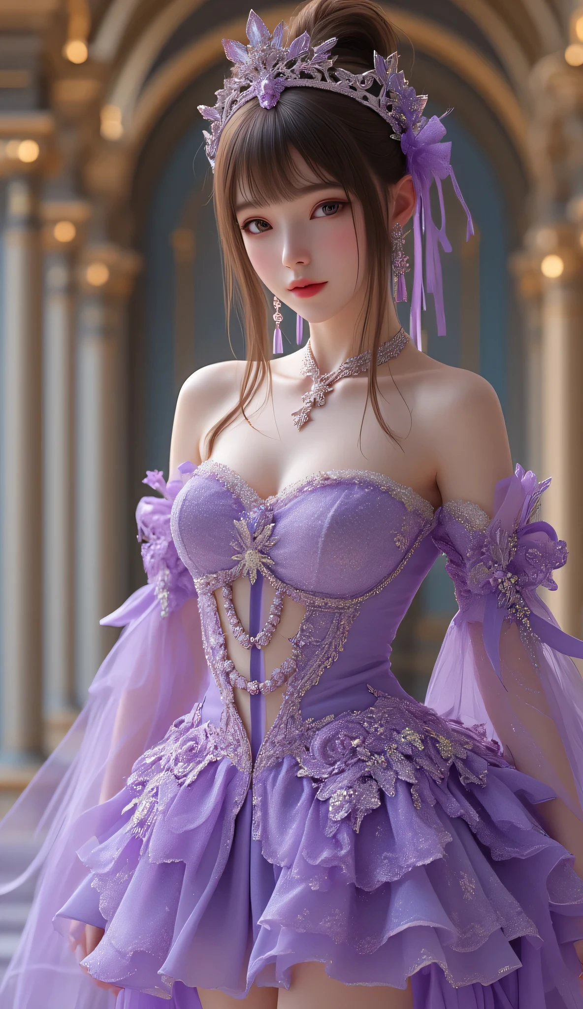 nsfw, sexy stylish Japanese model, only 1 female, ((doll-like appearance)), short lilac stylish hair, ((shiny Victorian-Style boots)), (big smile), ultra detailed eyes, vivid eye makeup, lipgloss, long lashes, defined eyebrows, ((sexy Paradise Kiss cosplay)), bell-shaped skirt, petticoats, high neckline, puffed sleeves, ((ultra detailed lace)), ((ultra detailed embroidery)), intricate details, Paradise Kiss accessoires and matching headpiece, choker, ((large sparkling Paradise Kiss jewelry)), cinematic light, detailed large park background with trees