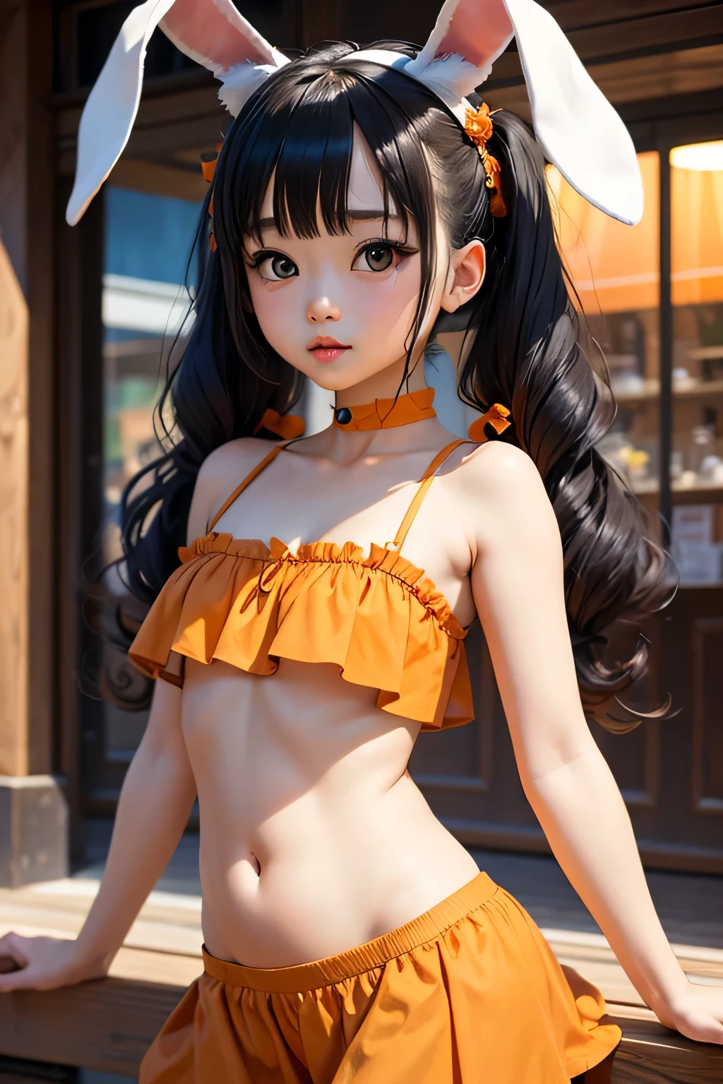 Little devil, heart-shaped tail, mature expression, eyeliner, tongue sticking out, shyness, wiggles, little devil's cute outfit, red lipstick, upturned eyes, blurred background of many balloons, small breasts