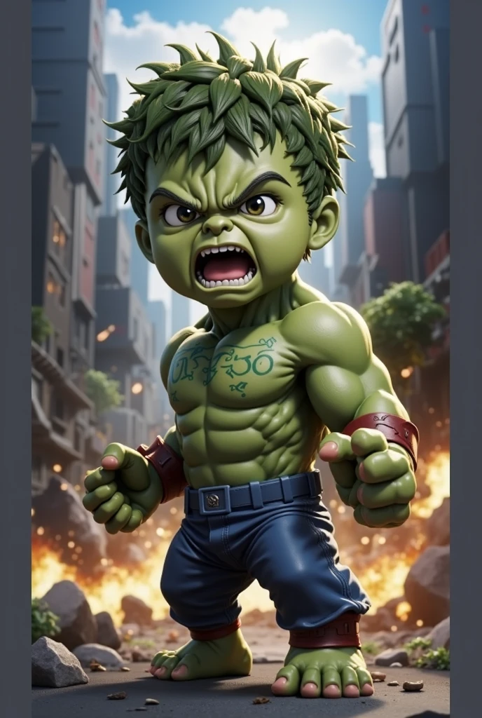 Chibi style, Hulk in the style of, cute background, 3D game art, high resolution, in focus, city, anime style, dynamic pose, game cover