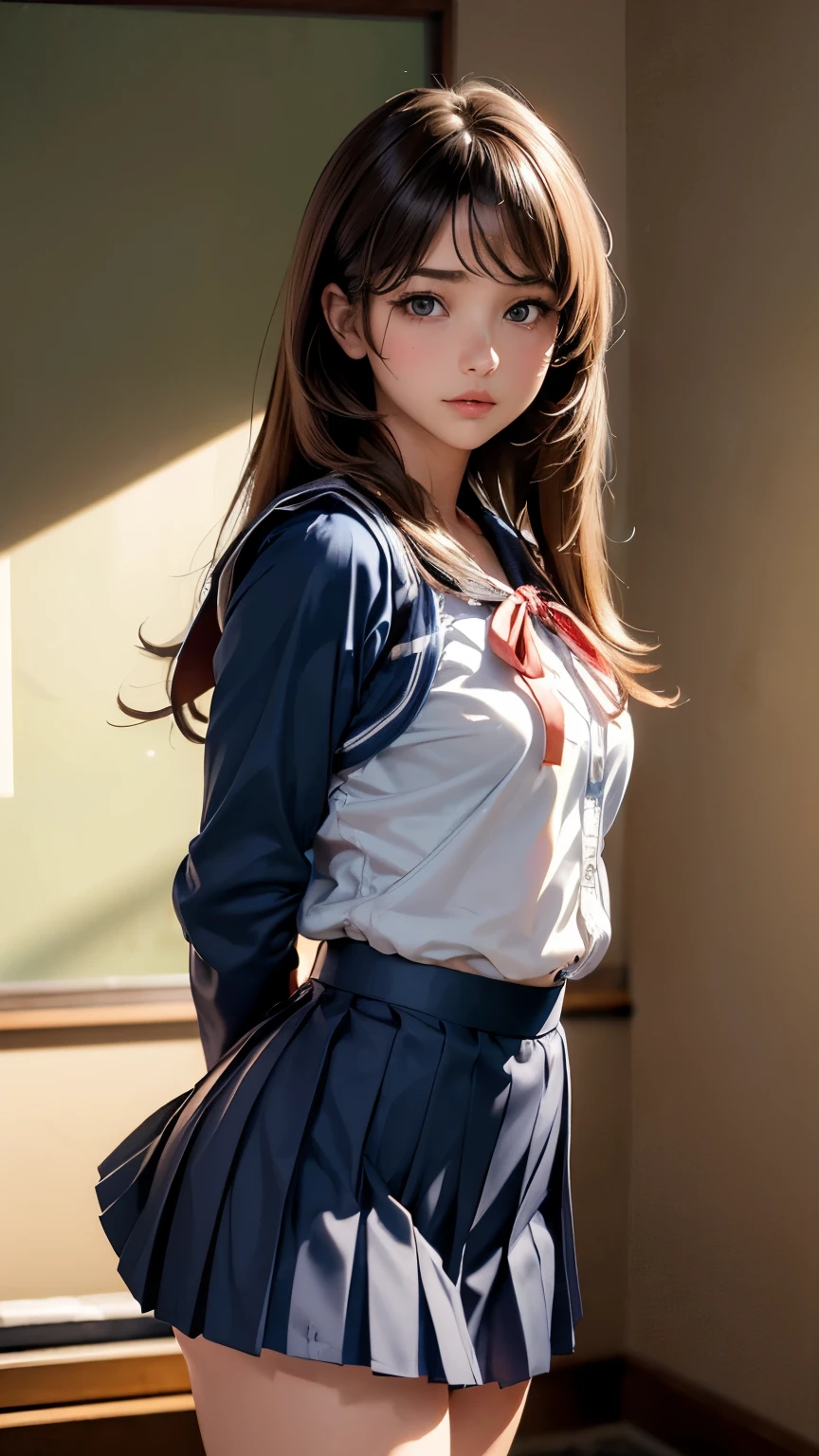 masterpiece, best quality, very well detailed , Kampala , (realistic, photorealistic:1.37), ( cowboy、Shot of a man :1.3),( thighs:1.5), excellent anatomy,beautiful woman in silya room, GIRL STUDENT, small smile ,high school girl,((high school girlセーラー服 uniform:1.5)), (shape), (( navy blue ultra short pleated mini skirt:1.5)),(( very delicate and beautiful )),( school classroom background ), brown hair, long hair, bungs, very pretty faces , cute type,babyface, Big Natural Colored Lips , Big, Beautiful Eyes , brown eyes in the bedroom ,Obvious double,small and cute nose , brown eyes in the bedroom , Sparkling Highlights Around the Eyes , character with a foot on a pedestal , Tilting Your Head ,The best light, vest shadow ,mysterious, perfect face, very well detailed ,Mayokozu ,( skin growth , sweated : 1.2), anatomically accurate , Beautiful legs and tail , plump thighs, plump body that will end,Big Breasts,( Express the roundness and softness of your breasts .........1), beautiful body,(Perfect Woman)