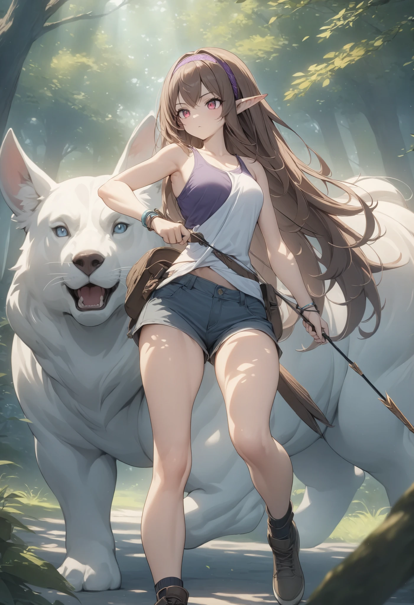 ((brown hair)), highly detailed face and eyes, very long hair, jewelry, purple hairband, long pointy ears, anime, masterpiece, textured skin, (super detail), award winning, (best quality), elf, in forest, Sunbeams filtering through the trees, (Tank top), whole body, beautiful legs, hunting, bow and arrow, eyeball, tsurime, multicolored eyes