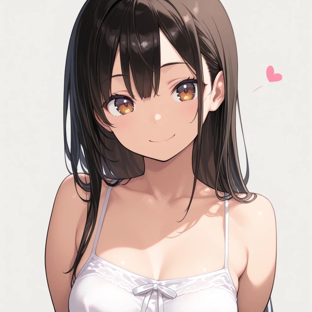 masterpiece, High resolution, High-definition CG Unity 8K,realistic,RAW photo, beautiful detailed face,detailed hair texture, beautiful face, beautiful belly,anatomically correct,(black eyes),symmetrical eyes,(small eyes:1.2),(single eyelid),(cute eyes:1.2),(droopy eyes:1.2), beautiful clavicle, (brown hair), (medium hair), (Low ponytail),(asymmetrical bangs:1.2),head tilt,(white henley shirt),(naughty smile),(white background),dynamic angle:1.2,(acrobatic pose:1.2),