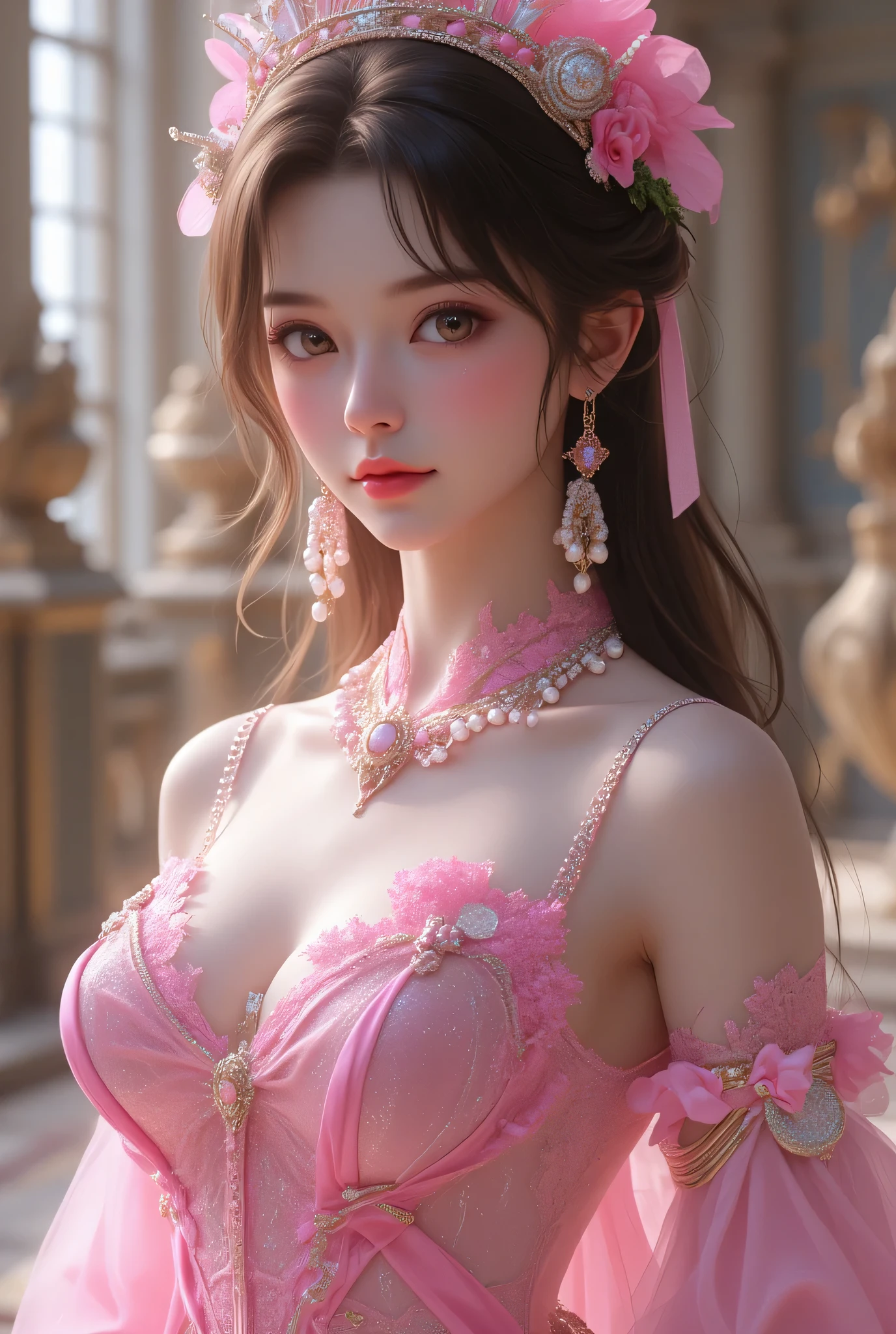 ((upper body)), ((from below)), ((realistic)), Chinese style, ancient chinese beauti, hanfu, delicated face, ((Pink and white dress)), cropped shoulders, high-heels, inside in room, sit on a bed, Recline your body, posing elegantly, Flirting skirts, the night, a warm color palette, best qualtiy, offcial art, rich details, Clear face, Professional lighting, フォトンマッピング, ラジオシティ, Physically-based rendering, 耳?????? Ring, choker necklace, Hairpins, Heavy makeup, Gorgeous makeup, extremely beautiful eyes