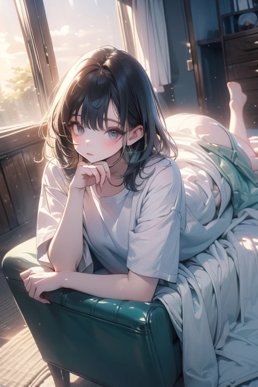 Hands clasped to sheets, sweat rained as follows, mature woman, pantyhose, skinny face, messy single ponytail, delicate diamond earrings, t-shirt dress short skirt, with a condom in her mouth