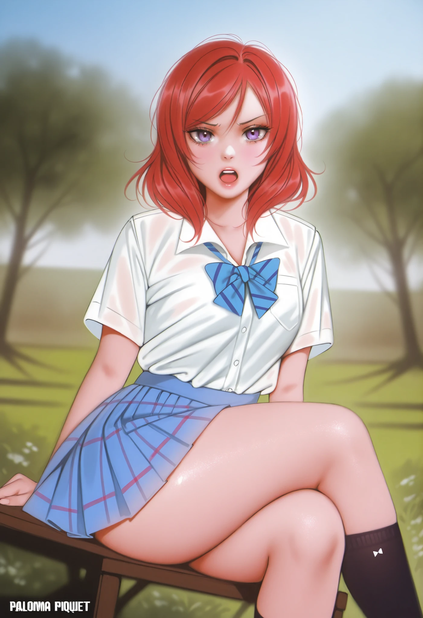 (best quality,4k,8k,highres,masterpiece:1.2),ultra-detailed,realistic,y high school girl with orange hair in a garden setting,beautiful detailed eyes, beautiful detailed lips,extremely detailed eyes and face,long eyelashes,flawless skin,pink paneking from under the skirt,gorgeous pink and black ,fitted skirt accentuating the curves,plaid pattern on the skirt,cropped white blouse,unbuttoned top buttons,laround breasts,confid alluring pose,sunlight filtering through the trees,soft warm lighting,floral background, vibrant colors,portraits,high contrast,color grading with warm tones. ((cameltoe)),Android dbz, hard nipples