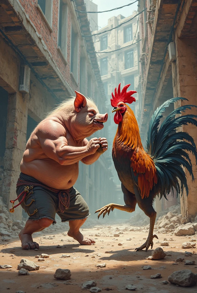 A muscular humanoid white hen versus a muscular humanoid pig.