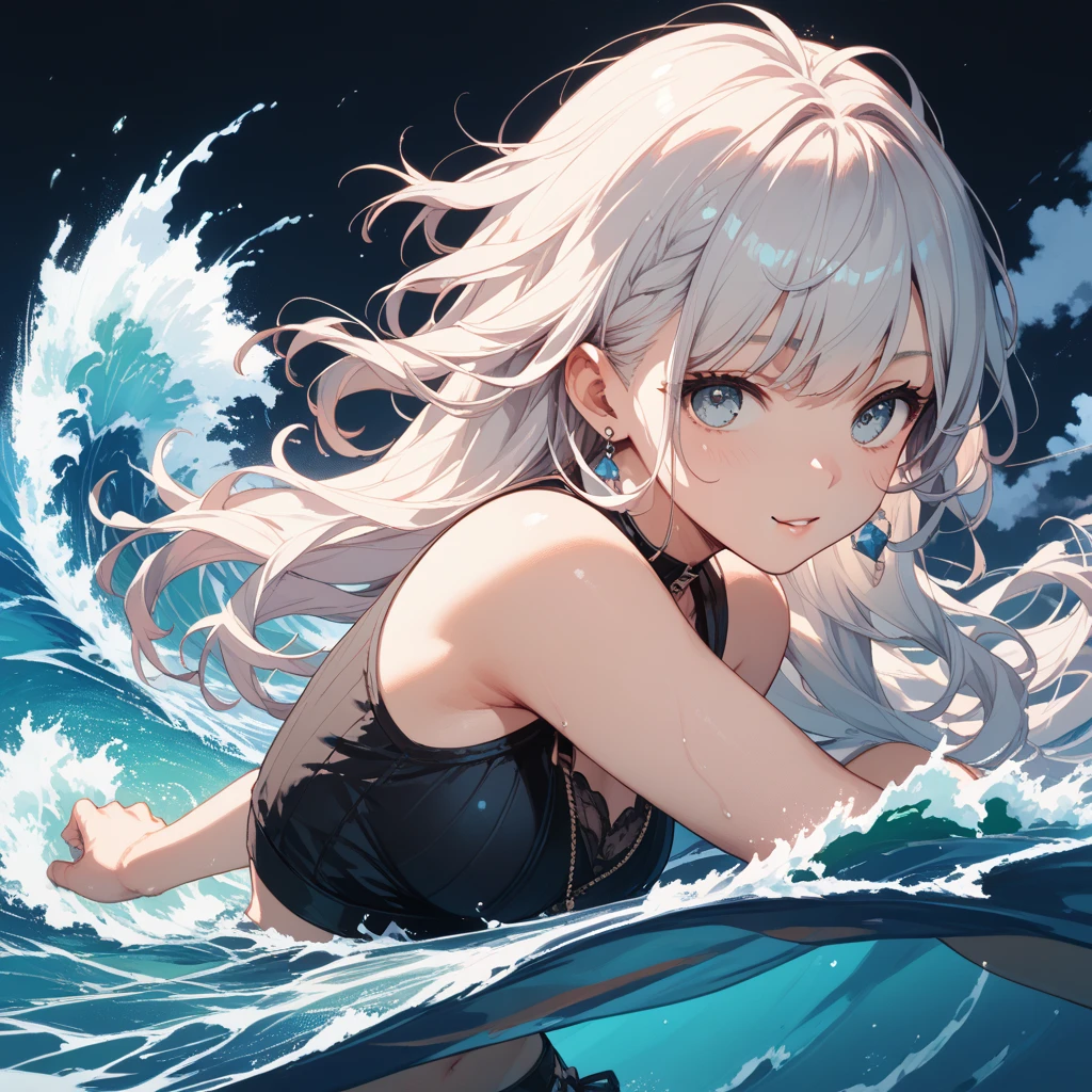 (of the highest quality、8K、masutepiece)) ((( Blue luxury swimsuit sodden))) (((White hair )))++ Blue hair ornament Anime characters with long gray hair and blue eyes、anime visual of a young woman、Today's featured anime stills、white haired god、Official art、Anime visuals of cute girls、popular isekai anime、Tsuaii、Marisa Drizzle、Animated Movies、Still from the TV smile full body Esbian during the day 夏天 the beach Miwaki