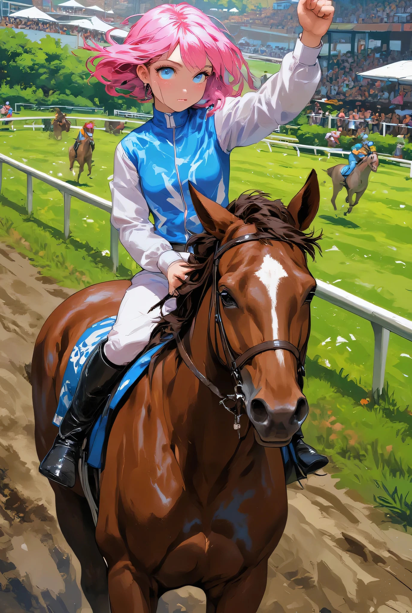 (masterpiece, best quality:1.4),
high_resolution,super_fine_illustration,detailed_skin,detailed_face,detailed_eyes,

lyh,lyh_niji,dynamic angle,fullbody ,from above ,
1girl,24yo,girl with pale skin, fluffy pink short hair, and large sparkling blue eyes,
(((She rides a powerful brown racehorse))), participating in a G1 horse race,
The girl, dressed as a professional jockey, holds a whip and celebrates her victory with a triumphant fist pump,
The background shows a bustling racecourse filled with spectators.