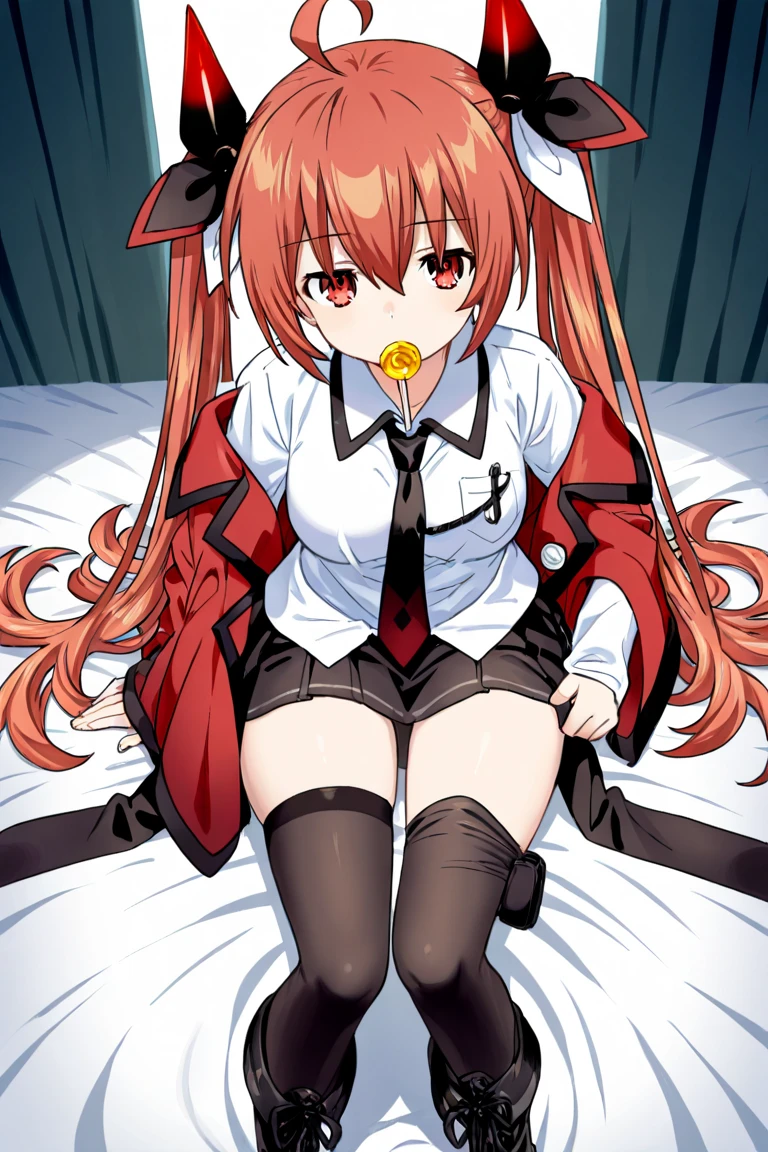 1girl, shana, ahoge, black coat, black thighhighs, bow, bowtie, bread, brown footwear, coat, coat on shoulders, convenient leg, food, grey sailor collar, grey skirt, hair between eyes, holding, loafers, long hair, melon bread, red eyes, red hair, sailor collar, school uniform, serafuku, shirt, shoes, sitting, skirt, smile, solo, thighhighs, white shirt, yellow bow, yellow bowtie, absurdres, highres, masterpiece, best quality, mid, <lora:char - shana - v1 - bionagato:1>
