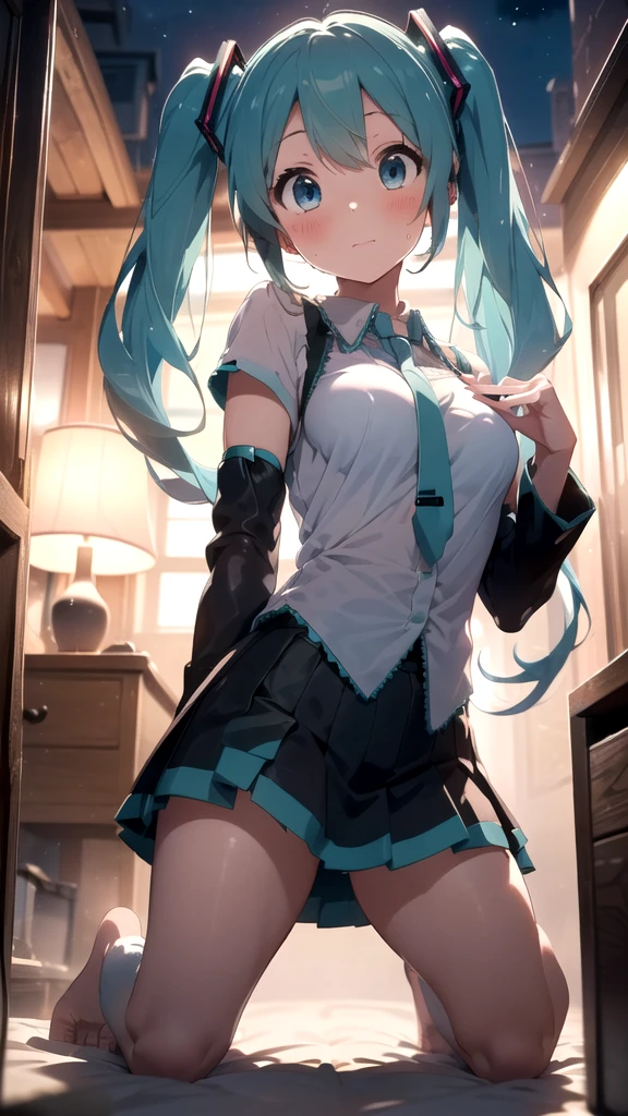 (1 girl),(high quality), (High resolution), (extremely detailed), (8K),(focus on lower body),(CG)、goddess of the sea、goddess outfit、transparent costume、blue dresagic Mentor、sexy panties、(black knee high stockings:1.2)、nipple shape、No shoes、neutral white lighting,sexy pose、showing panties、Hatsune Miku、Turning your back and sticking out your butt、fantasy world