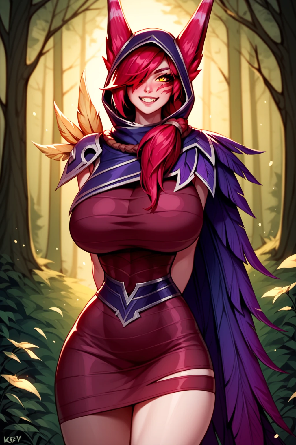 WOWAlexstrasza, couronne, cornes noires, World of Warcraft \ ( style\ ), debout, Bras sur les hanches en toute confiance, sourire, Armored bikini, Arms on the sides, Simple background of a forest,,, walking, full body, flipflops