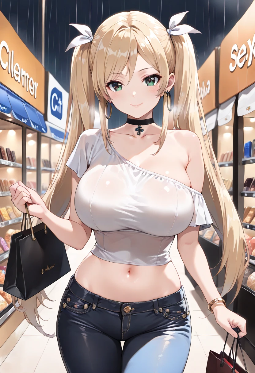 One girl, solo, Big round breasts, clevage, curvy body, realistic, blonde hair, light green eyes, amazing big eyes, eye details, eyebrow details, white crop top, denim skirt, big lips, blush, confident, dominant, bdsm, smirk, naughty, mischevious face, HD, good quality, crop top, curvy, standing up, lounge area